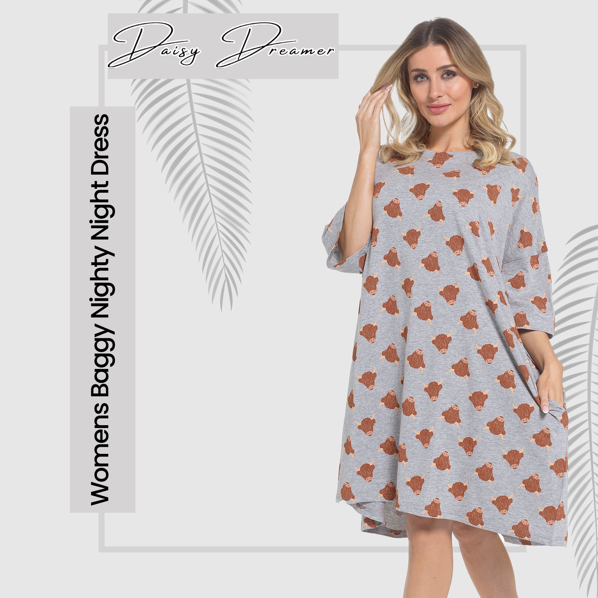 Women's Highland Cow Cream Baggy Nighty Dress Oversized T-Shirt Nighties 100% Cotton Short Sleeved Nightshirt for Ladies by Daisy Dreamer. Buy now for £12.00.