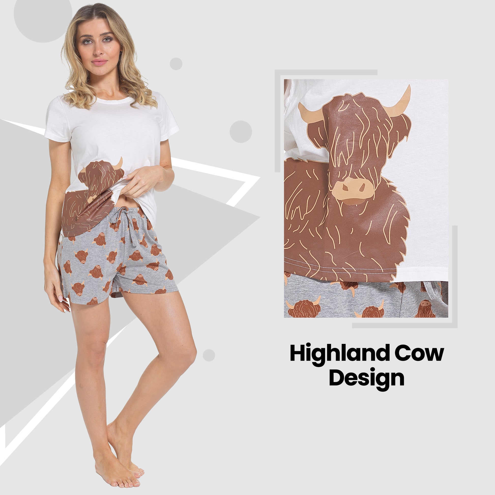 Women's Highland Cow Pyjama Set T-Shirt & Shorts PJs Soft Cotton Loungewear Summer Holiday Sleepwear by Daisy Dreamer. Buy now for £12.00.