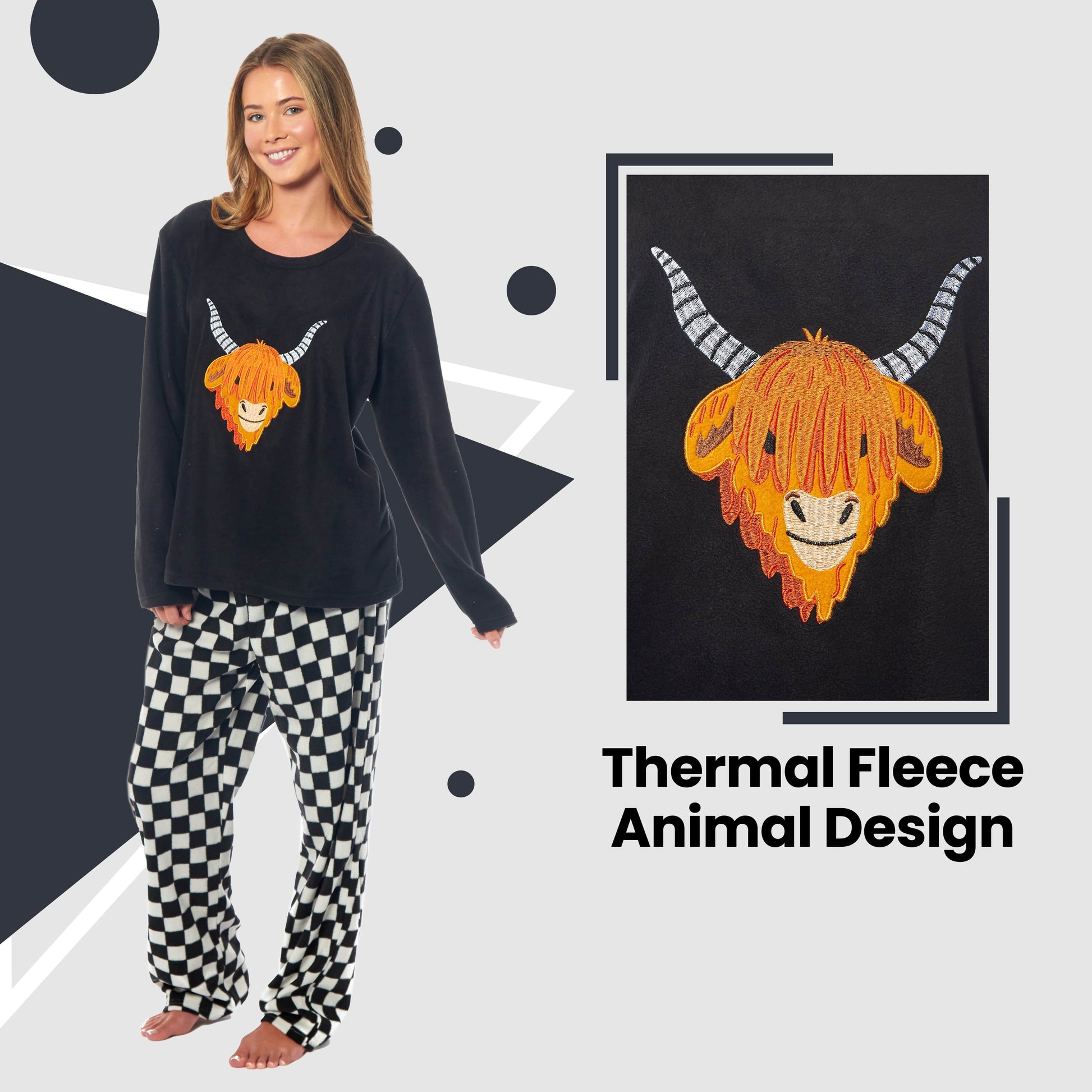 Women's Highland Cow Thermal Fleece Pyjamas Set Soft Warm Winter PJs Animal Print Loungewear Sleepwear Long Sleeve Top and Bottom by Daisy Dreamer. Buy now for £15.00.
