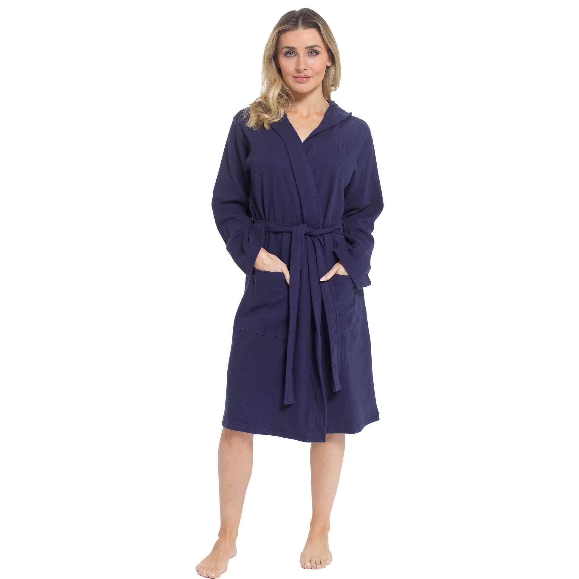 Women's Hooded Waffle Cotton Bathrobe Navy Super Absorbent Spa Dressing Gown for Home Lounge & Travel by Daisy Dreamer. Buy now for £17.00.