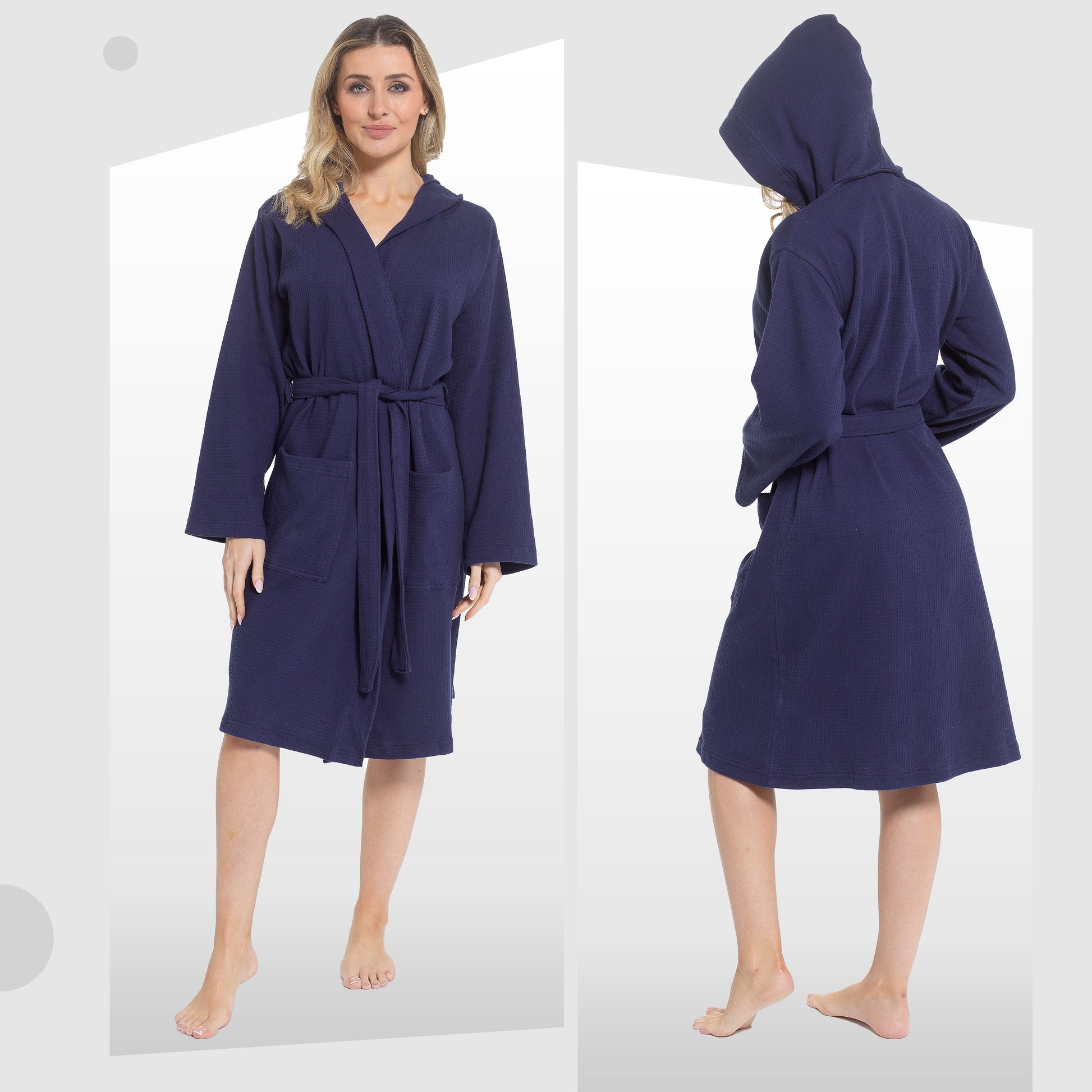 Women's Hooded Waffle Cotton Bathrobe Navy Super Absorbent Spa Dressing Gown for Home Lounge & Travel by Daisy Dreamer. Buy now for £17.00.