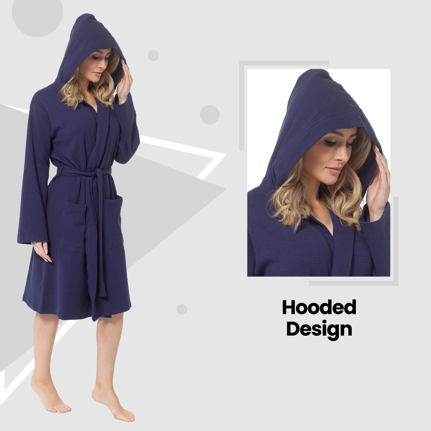 Women's Hooded Waffle Cotton Bathrobe Navy Super Absorbent Spa Dressing Gown for Home Lounge & Travel by Daisy Dreamer. Buy now for £17.00.