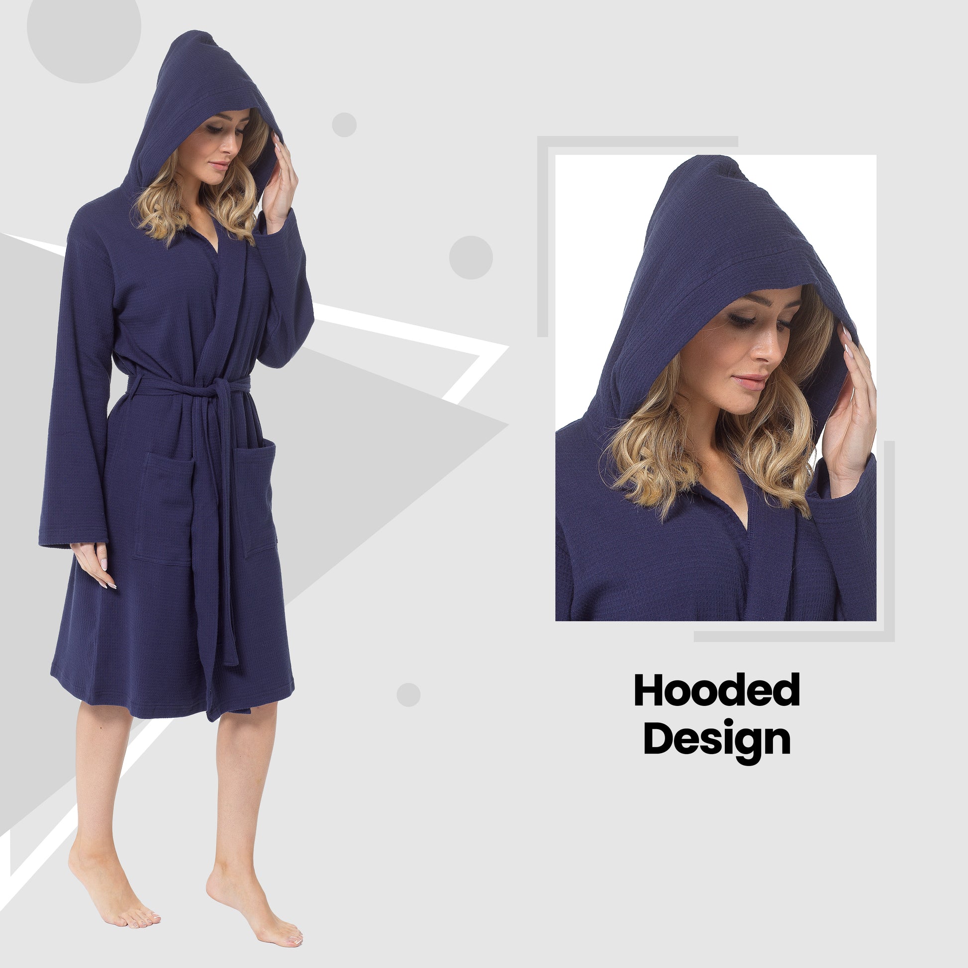 Women's Hooded Waffle Cotton Bathrobe Navy Super Absorbent Spa Dressing Gown for Home Lounge & Travel by Daisy Dreamer. Buy now for £17.00.