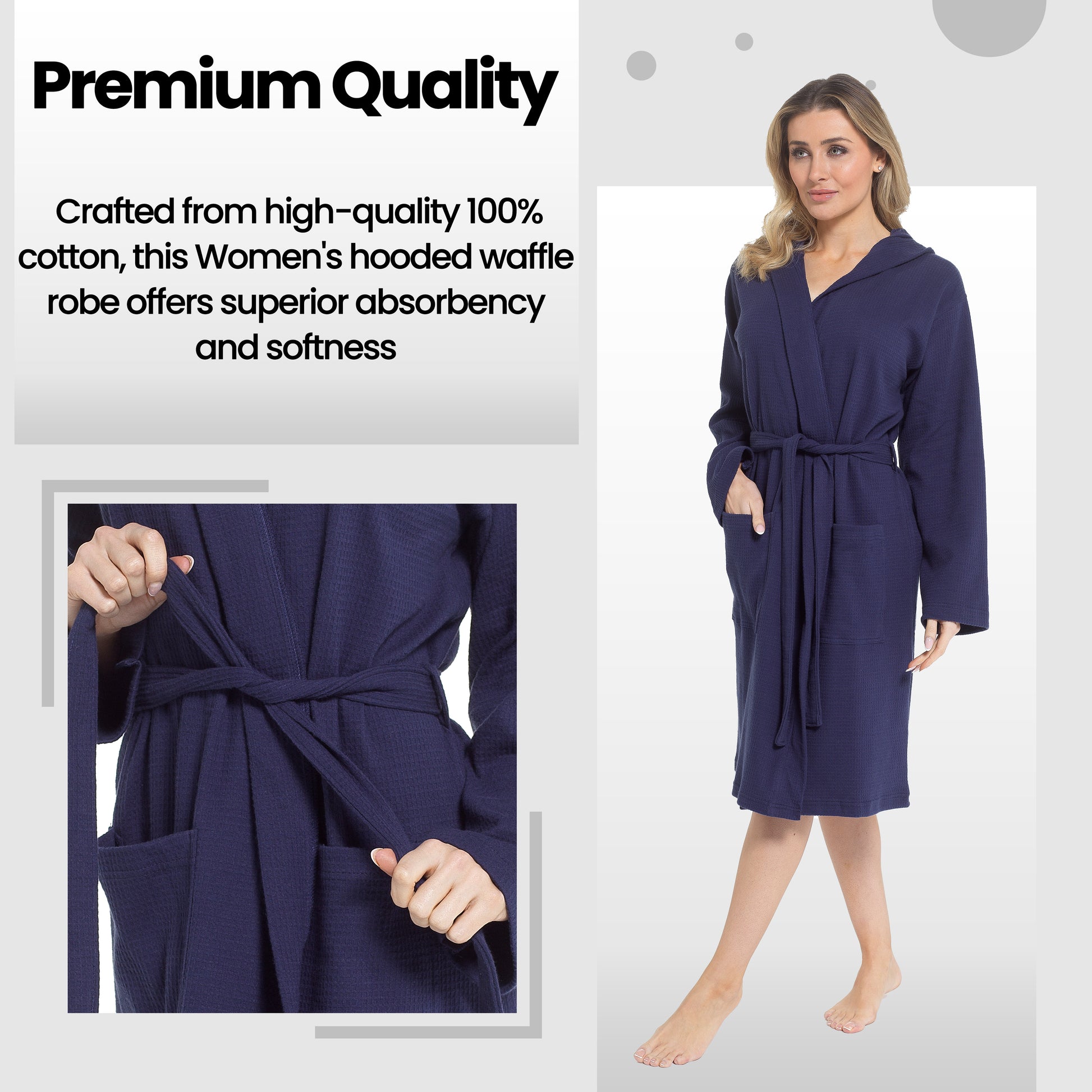 Women's Hooded Waffle Cotton Bathrobe Navy Super Absorbent Spa Dressing Gown for Home Lounge & Travel by Daisy Dreamer. Buy now for £17.00.