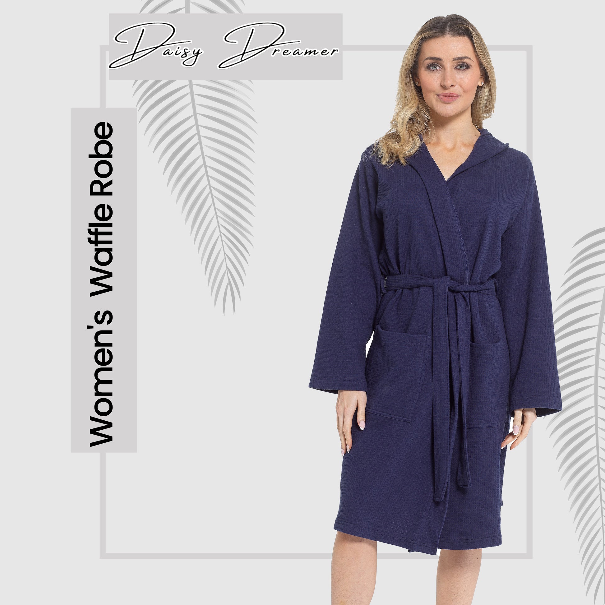 Women's Hooded Waffle Cotton Bathrobe Navy Super Absorbent Spa Dressing Gown for Home Lounge & Travel by Daisy Dreamer. Buy now for £17.00.
