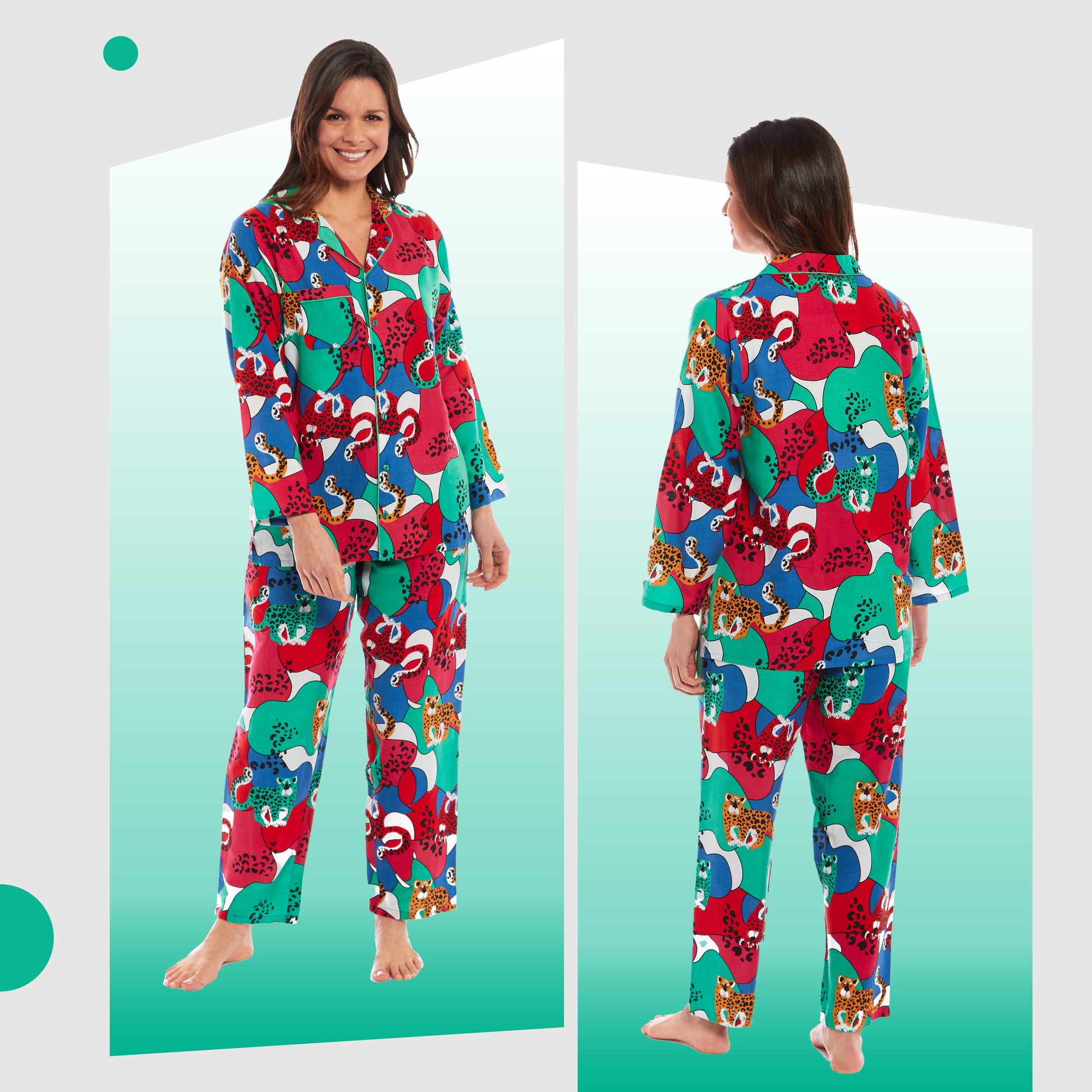 Women's Leopard Print Long Pyjama Set Button Up Soft Breathable Viscose Loungewear Sleepwear Relaxing PJ Set by Daisy Dreamer. Buy now for £15.00.