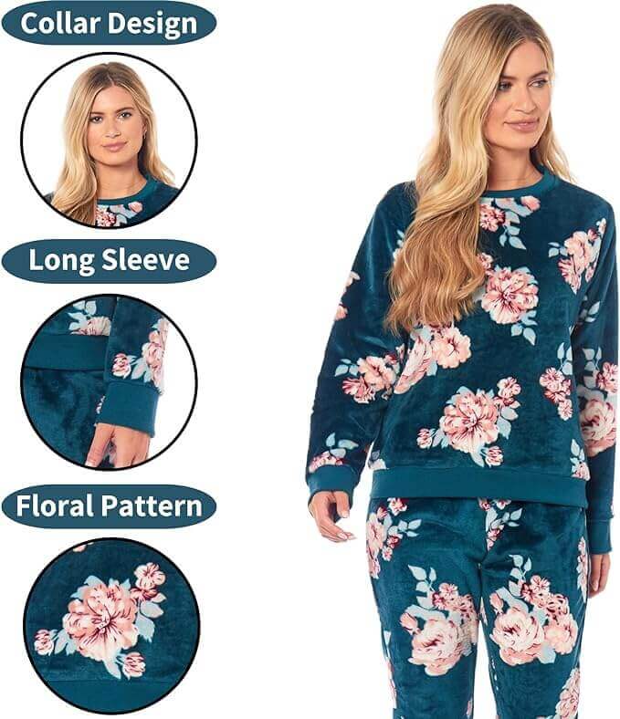 Women's Luxurious Floral Fleece Pyjama Set with Long Sleeve Top and Elastic Waist Pajamas Elegant Sleepwear for Warmth by Daisy Dreamer. Buy now for £20.00.