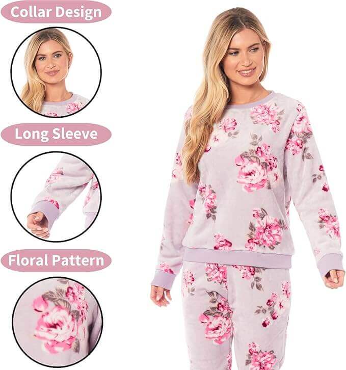 Women's Luxurious Floral Fleece Pyjama Set with Long Sleeve Top and Elastic Waist Pajamas Elegant Sleepwear for Warmth by Daisy Dreamer. Buy now for £20.00.