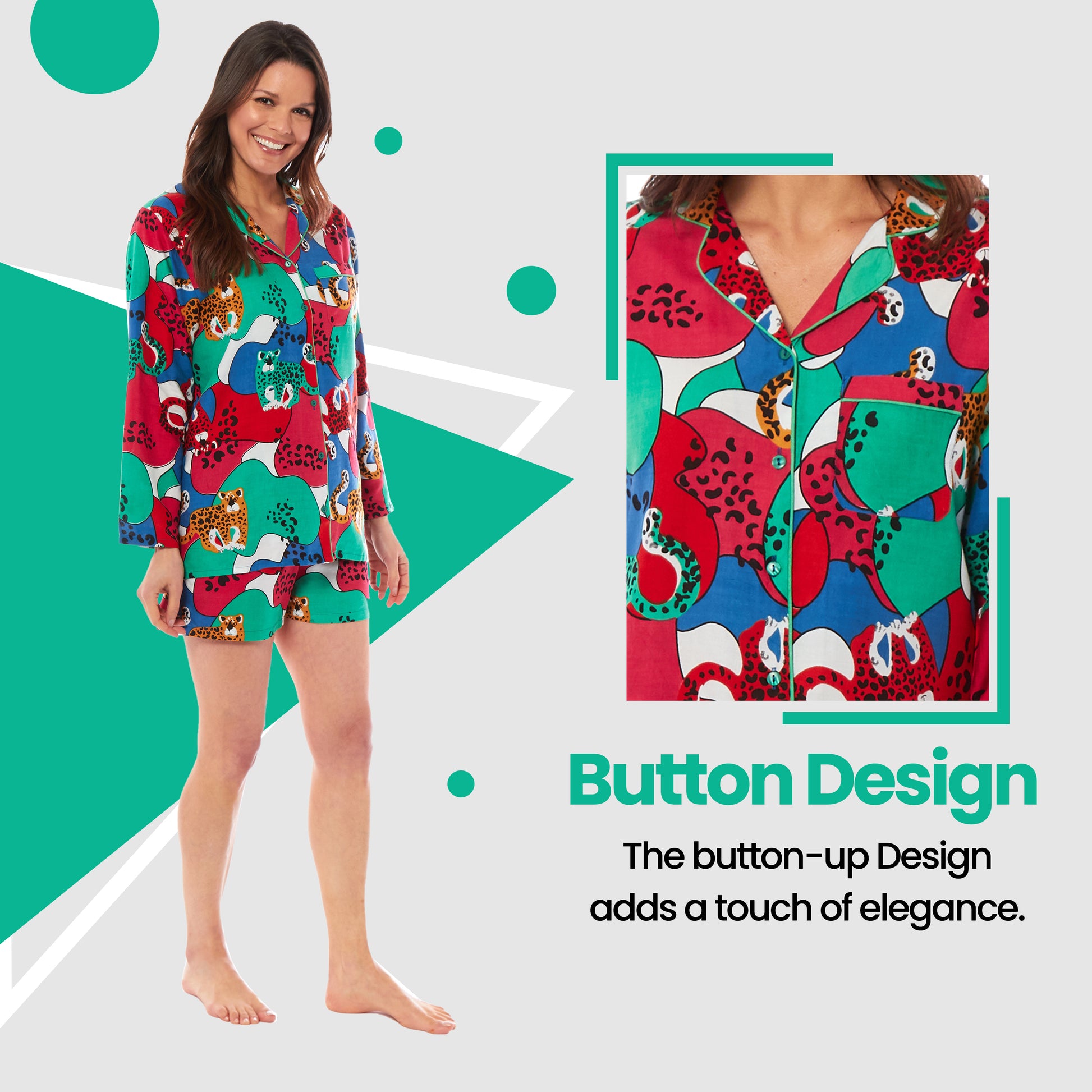 Women's Luxurious Jaguar Jungle Leopard Pyjama Set Button Up Short Loungewear Sleepwear Soft Breathable Comfortable Stylish PJs Sizes S M L XL by Daisy Dreamer. Buy now for £13.00.