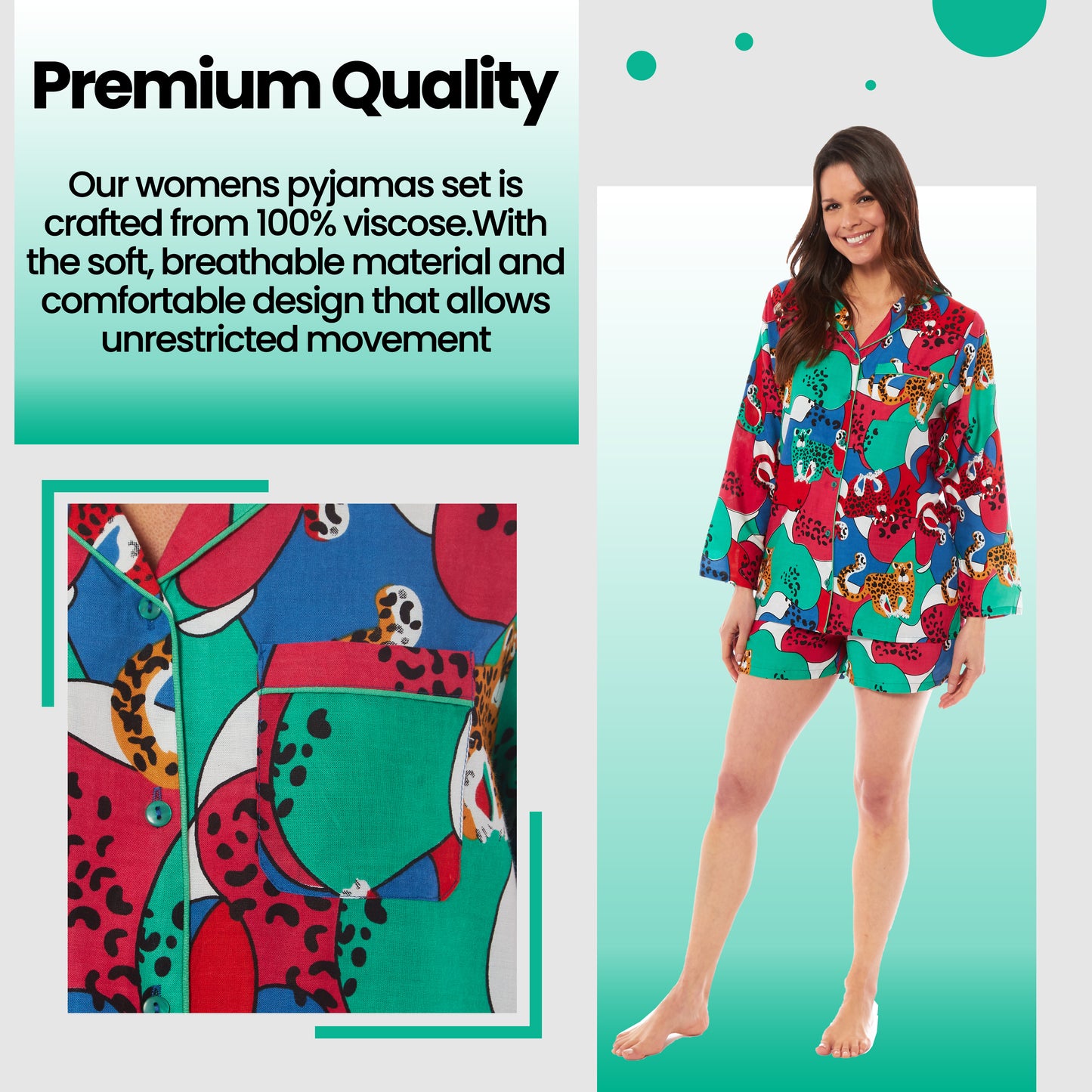 Women's Luxurious Jaguar Jungle Leopard Pyjama Set Button Up Short Loungewear Sleepwear Soft Breathable Comfortable Stylish PJs Sizes S M L XL by Daisy Dreamer. Buy now for £13.00.