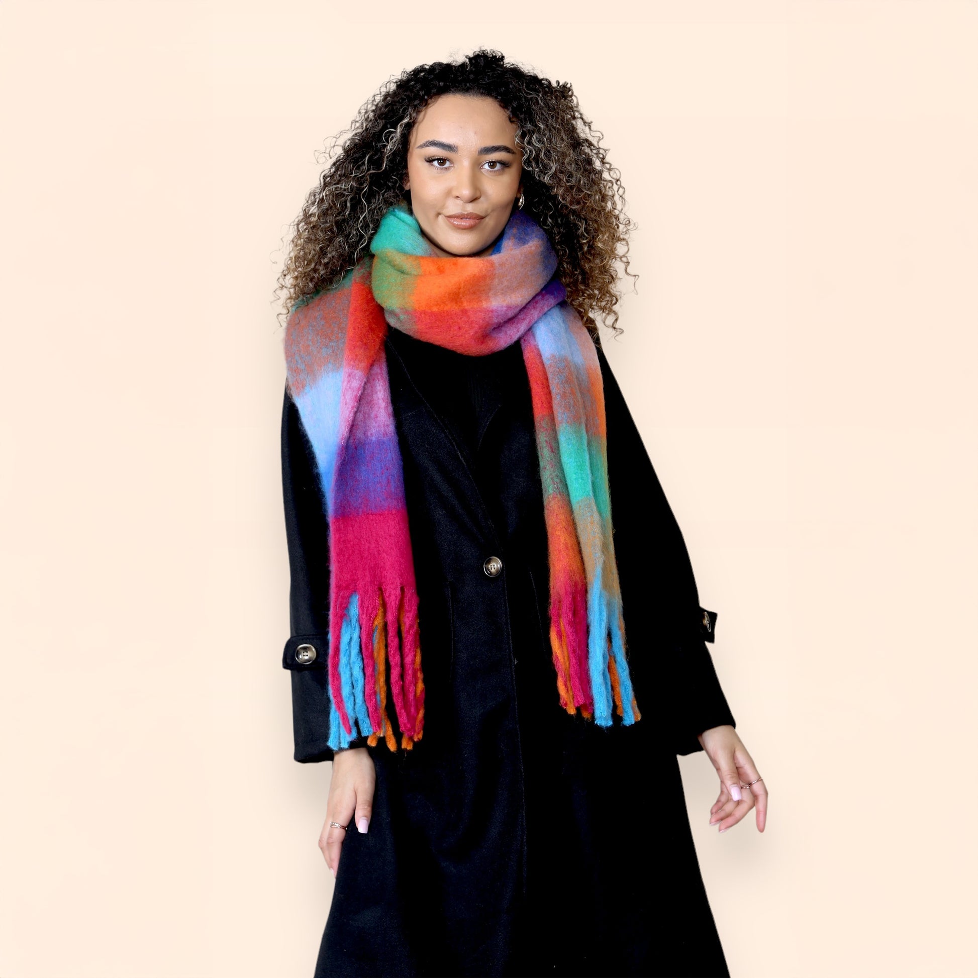 Women’s Orange Blue Chunky Knit Bright Plaid Blanket Scarf Long Winter Wrap Warm Check Shawl with Tassels Gift for Ladies by Daisy Dreamer. Buy now for £10.00.