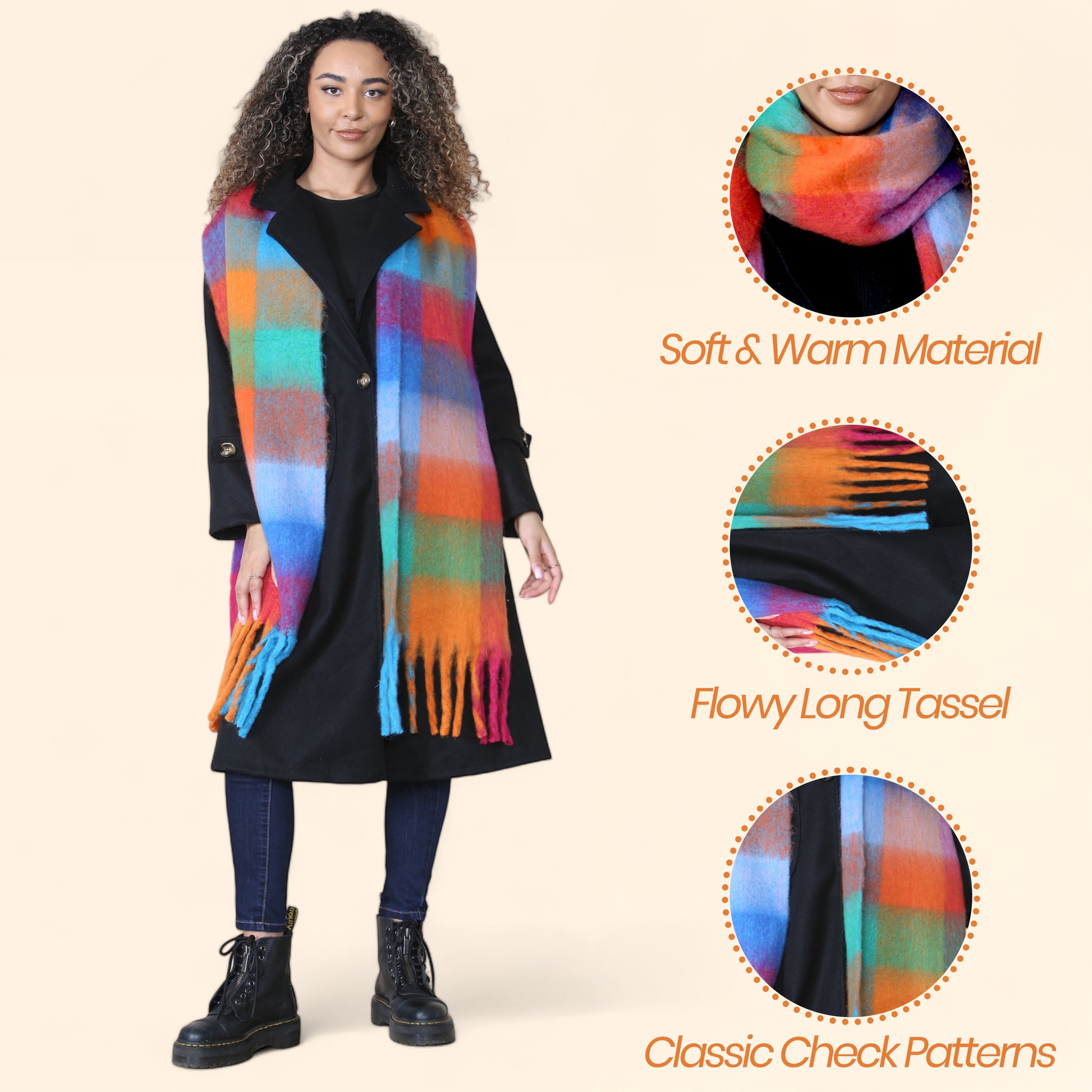 Women’s Orange Blue Chunky Knit Bright Plaid Blanket Scarf Long Winter Wrap Warm Check Shawl with Tassels Gift for Ladies by Daisy Dreamer. Buy now for £10.00.
