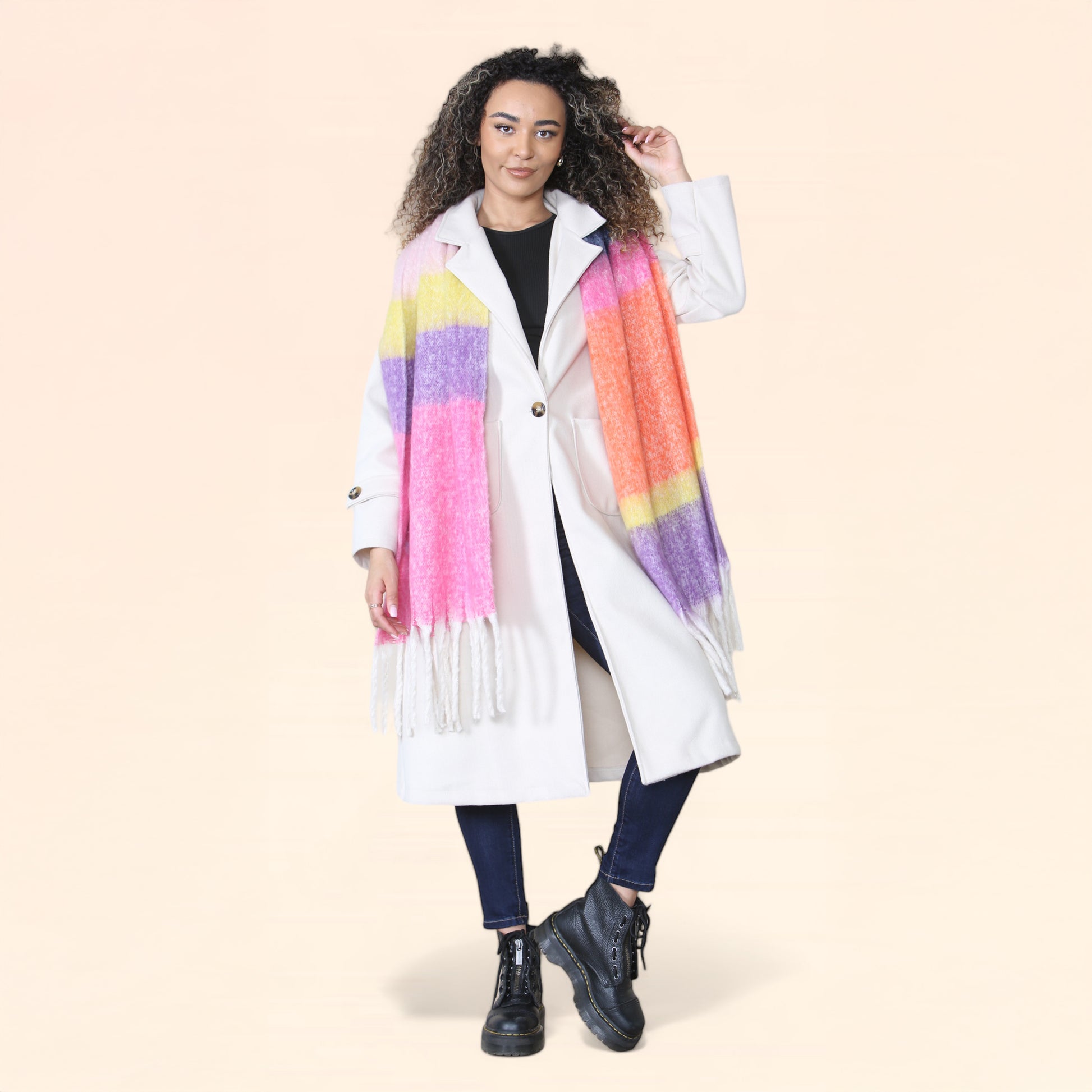 Women’s Pink Purple Chunky Knit Bright Plaid Blanket Scarf Long Winter Wrap Warm Striped Shawl with Tassels Gift for Ladies by Daisy Dreamer. Buy now for £10.00.