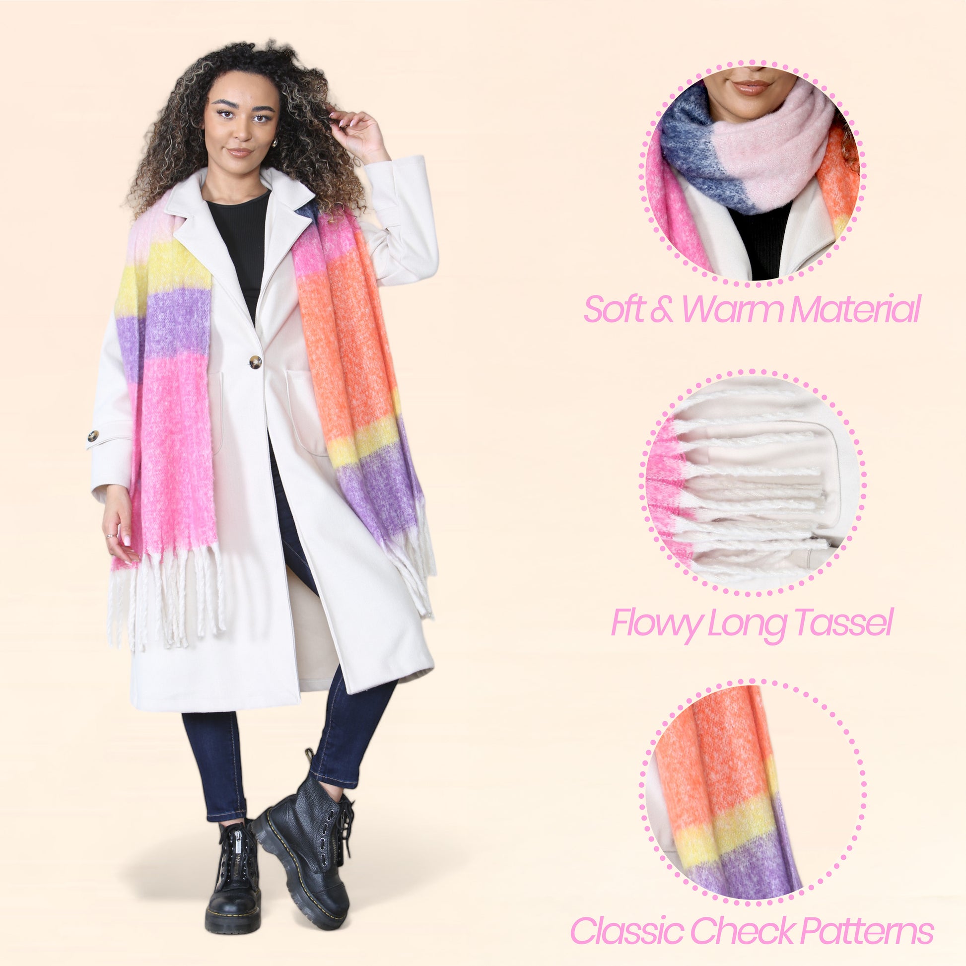 Women’s Pink Purple Chunky Knit Bright Plaid Blanket Scarf Long Winter Wrap Warm Striped Shawl with Tassels Gift for Ladies by Daisy Dreamer. Buy now for £10.00.
