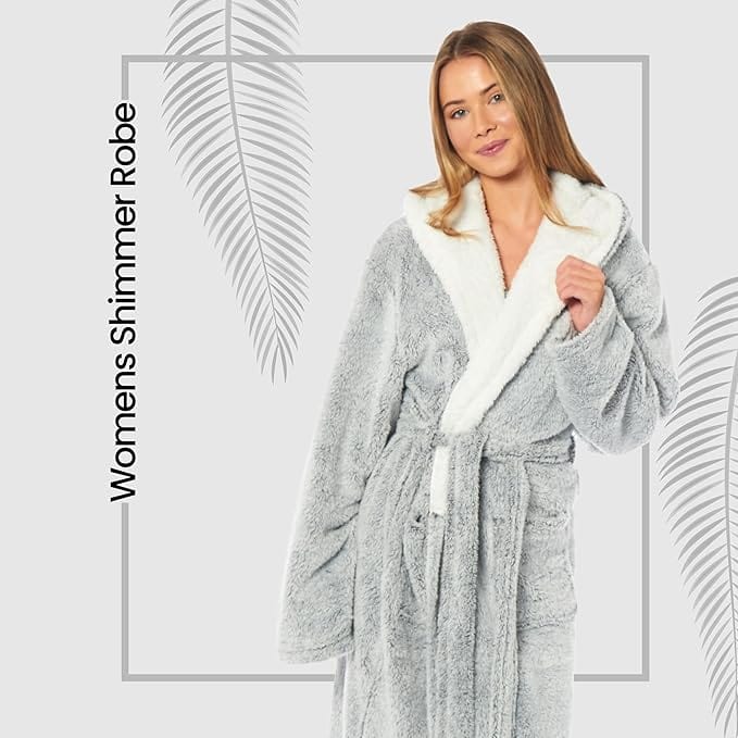Women's Soft Plush Shimmer Fleece Hooded Bath Robe Luxurious Dressing Gown for Lounging and Sleeping in Shimmer Grey Multiple Sizes by Daisy Dreamer. Buy now for £17.00.
