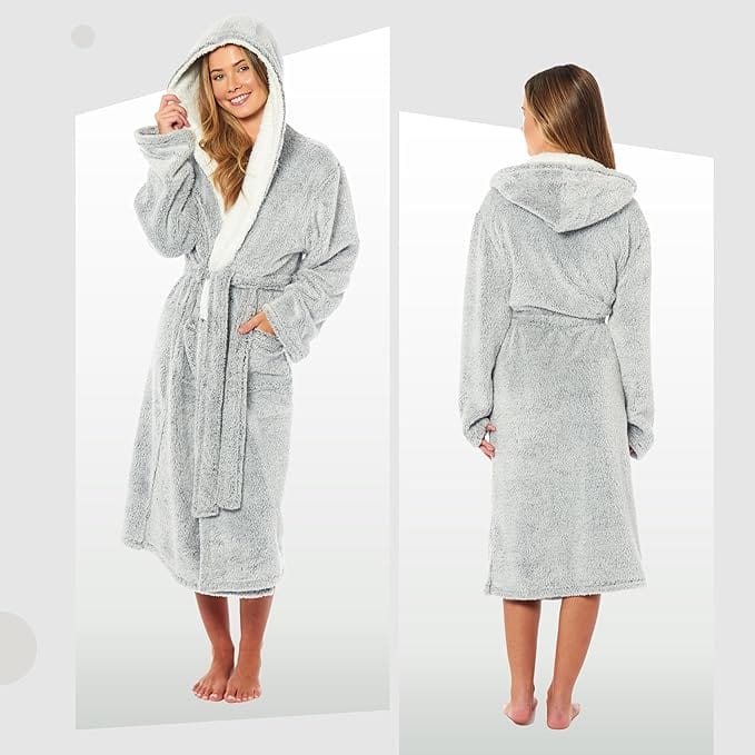 Women's Soft Plush Shimmer Fleece Hooded Bath Robe Luxurious Dressing Gown for Lounging and Sleeping in Shimmer Grey Multiple Sizes by Daisy Dreamer. Buy now for £17.00.