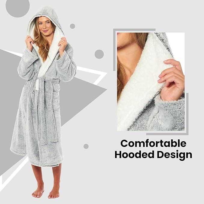 Women's Soft Plush Shimmer Fleece Hooded Bath Robe Luxurious Dressing Gown for Lounging and Sleeping in Shimmer Grey Multiple Sizes by Daisy Dreamer. Buy now for £17.00.