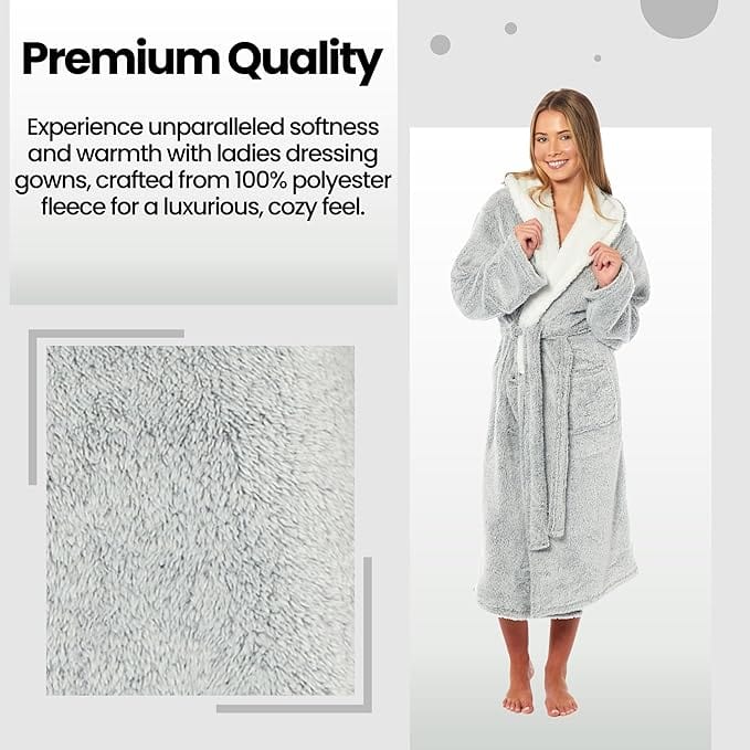 Women's Soft Plush Shimmer Fleece Hooded Bath Robe Luxurious Dressing Gown for Lounging and Sleeping in Shimmer Grey Multiple Sizes by Daisy Dreamer. Buy now for £17.00.