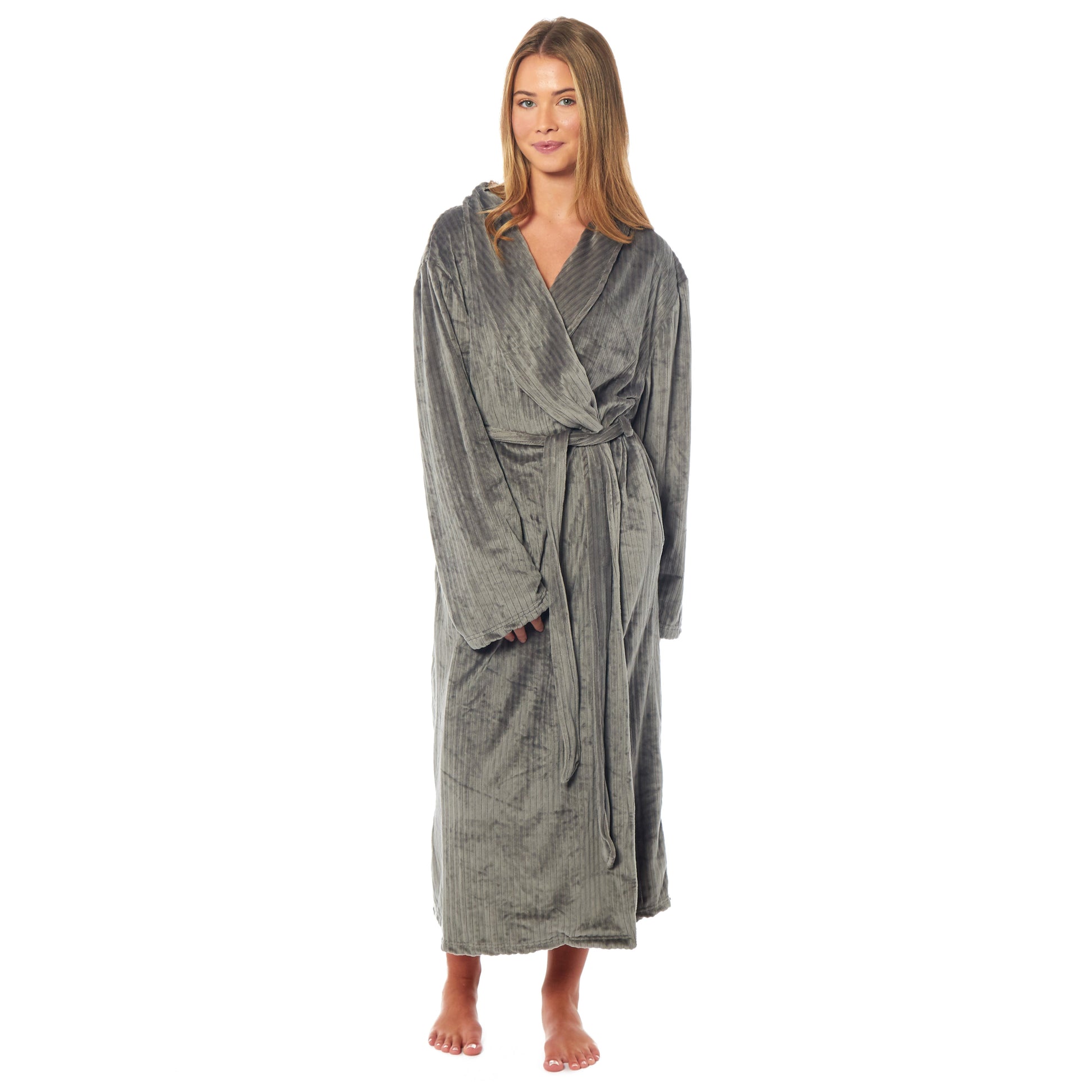 Women's Stripe Jacquard Soft Warm Long Dressing Gown with Belt and Pockets Cosy Shawl Collar Loungewear Robe By Daisy Dreamer. Buy now for £15.00.