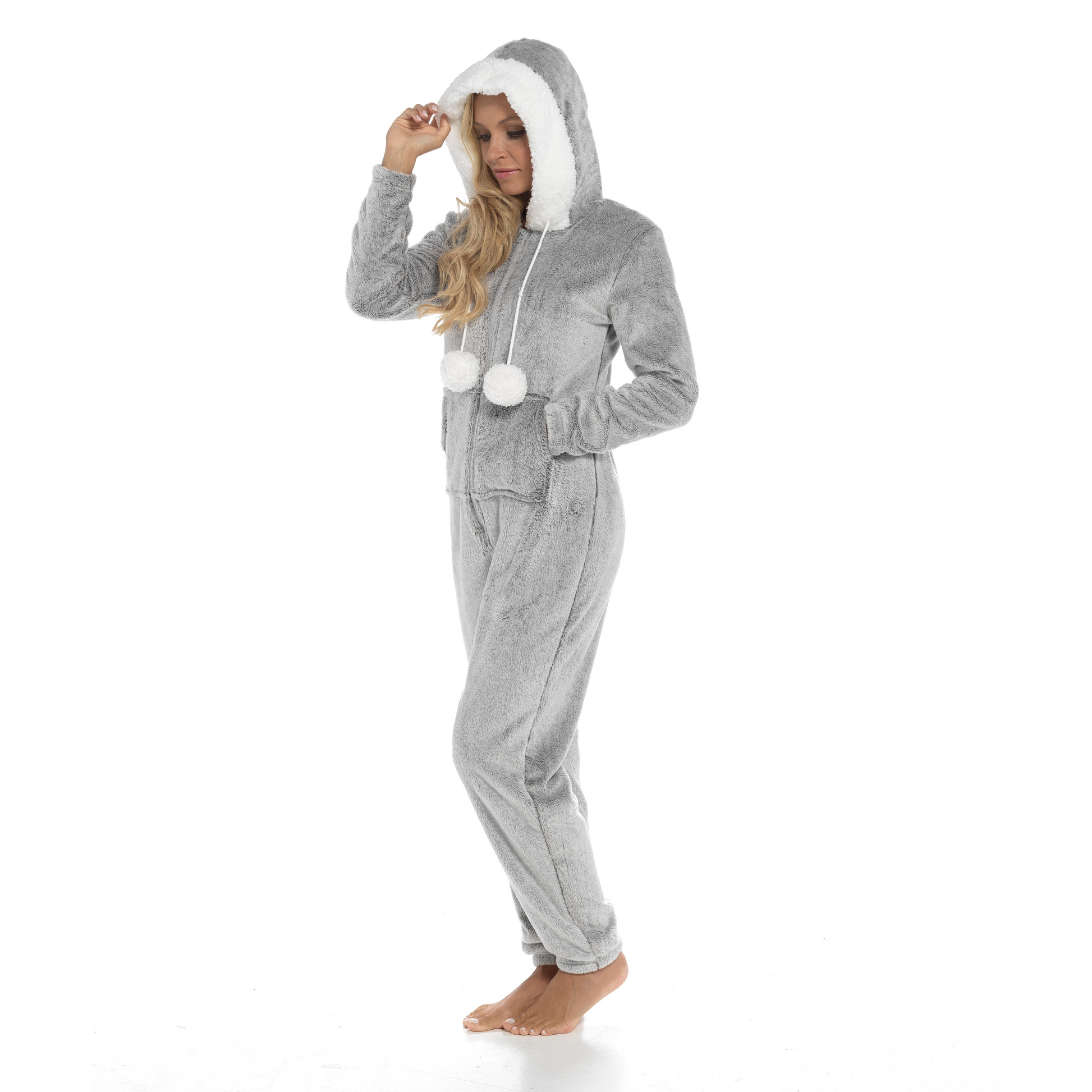 Women's Ultra-Soft Shimmer Fleece Hooded Onesie Pajama with Zip-Up Pockets and Cute Pompoms Warm Nightwear Ideal for Winter Comfort Daisy Dreamer. Buy now for £25.00.