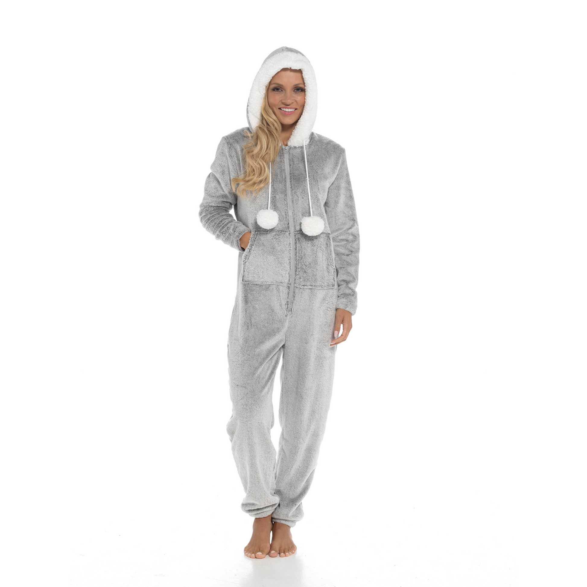 Women's Ultra-Soft Shimmer Fleece Hooded Onesie Pajama with Zip-Up Pockets and Cute Pompoms Warm Nightwear Ideal for Winter Comfort Daisy Dreamer. Buy now for £25.00.