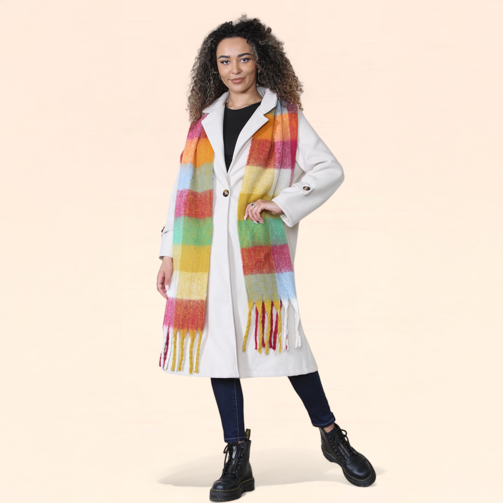 Women’s Yellow Burgundy Chunky Knit Bright Plaid Blanket Scarf Long Winter Wrap Warm Check Shawl with Tassels Gift for Ladies by Daisy Dreamer. Buy now for £10.00.