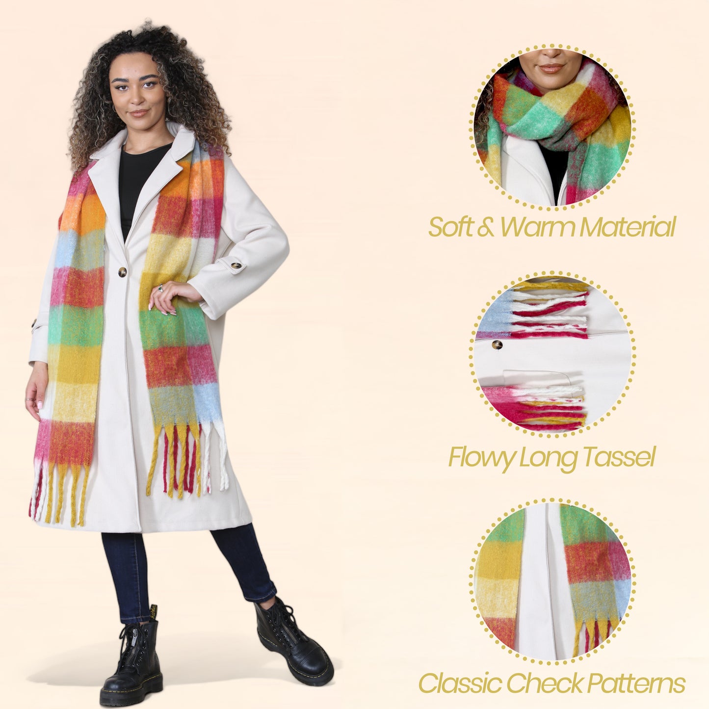 Women’s Yellow Burgundy Chunky Knit Bright Plaid Blanket Scarf Long Winter Wrap Warm Check Shawl with Tassels Gift for Ladies by Daisy Dreamer. Buy now for £10.00.