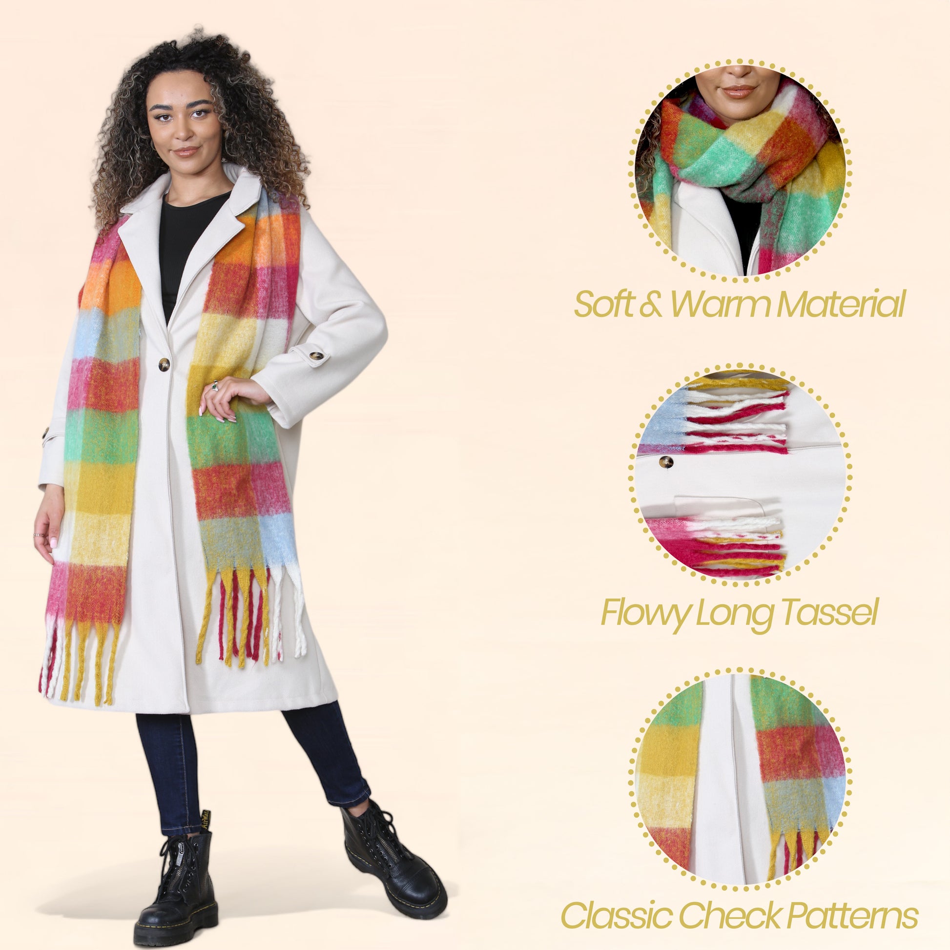 Women’s Yellow Burgundy Chunky Knit Bright Plaid Blanket Scarf Long Winter Wrap Warm Check Shawl with Tassels Gift for Ladies by Daisy Dreamer. Buy now for £10.00.