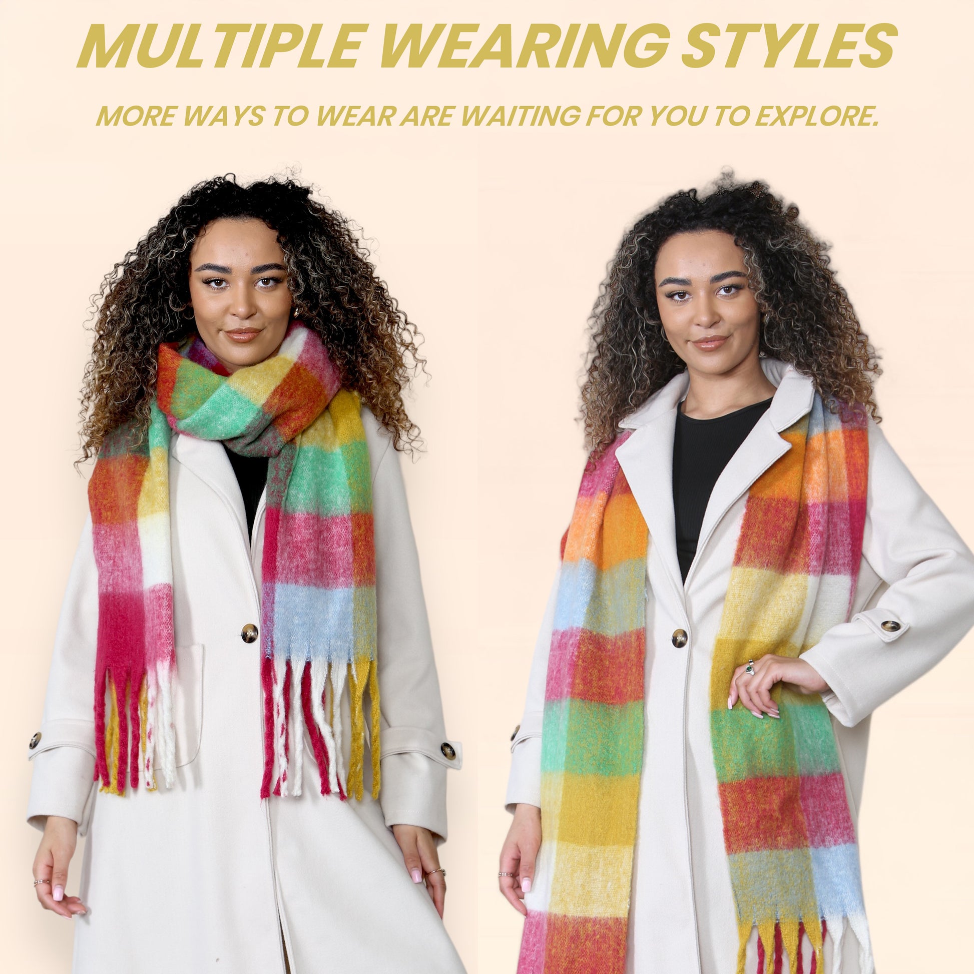 Women’s Yellow Burgundy Chunky Knit Bright Plaid Blanket Scarf Long Winter Wrap Warm Check Shawl with Tassels Gift for Ladies by Daisy Dreamer. Buy now for £10.00.