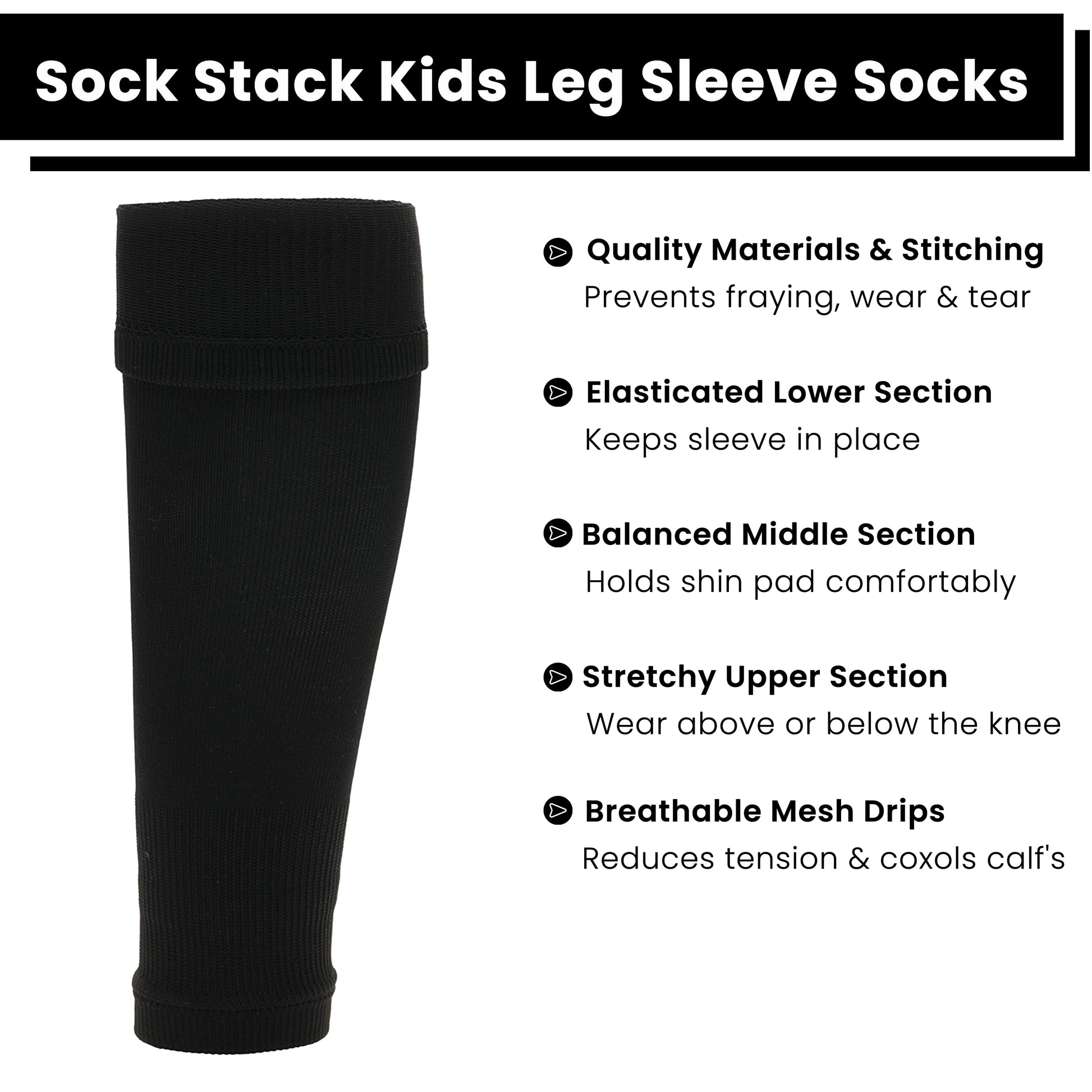 Adults Black Football Leg Sleeve Socks Compression Support Fits Over Shin Pads Breathable & Secure for Training Running by Sock Stack BLACK Socks