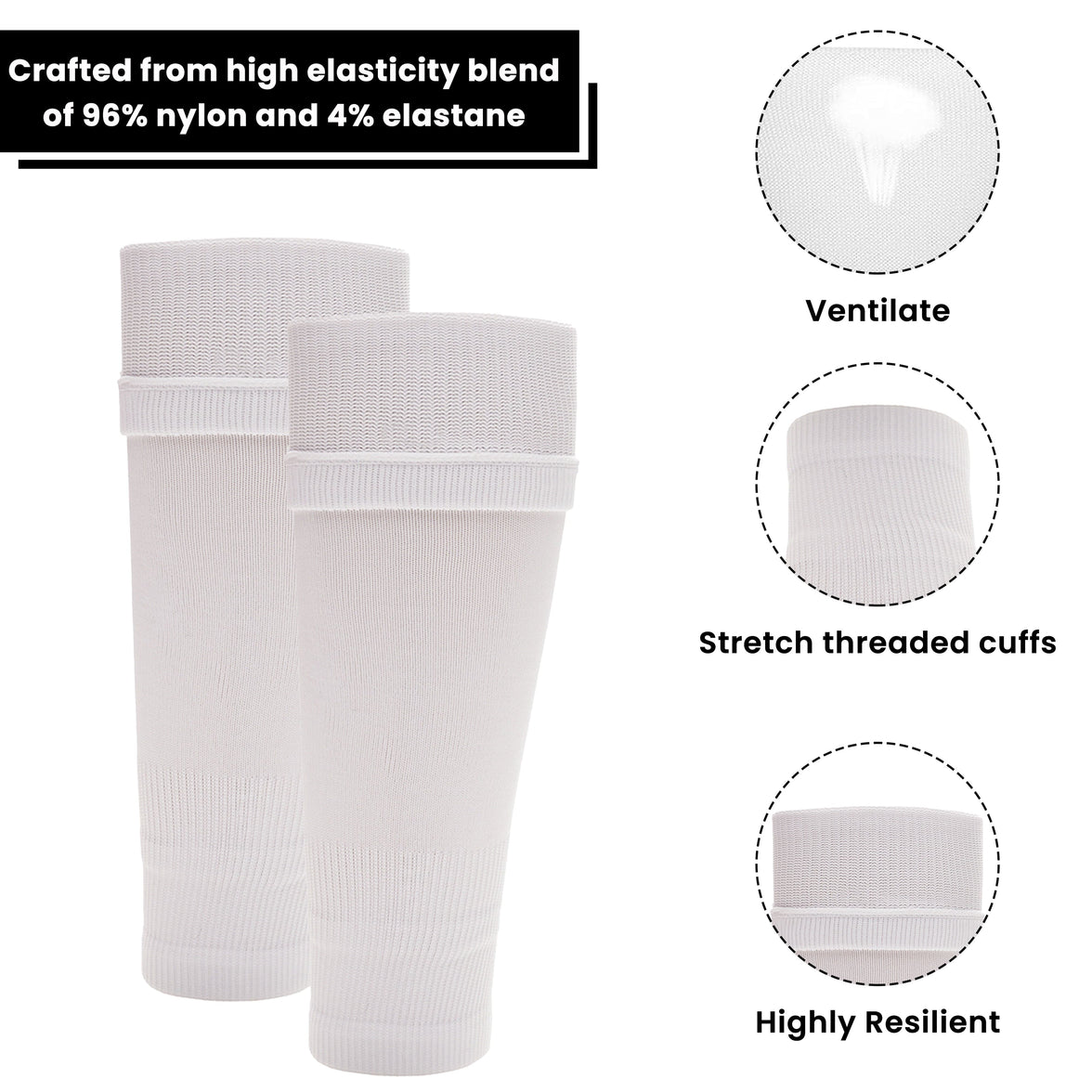 Adults White Football Leg Sleeve Socks Compression Support Fits Over Shin Pads Breathable & Secure for Training Running by Sock Stack WHITE Socks