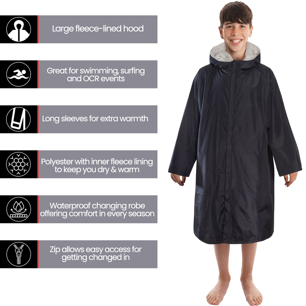 Changing Robe Kids Unisex Hooded Coat Black/Grey Windproof Waterproof Quick Dry for Beach Surfing Swimming by Heatwave Thermalwear 9-13 YEARS / BLACK/GREY Changing Robe