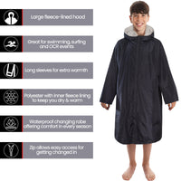 Changing Robe Kids Unisex Hooded Coat Black/Grey Windproof Waterproof Quick Dry for Beach Surfing Swimming by Heatwave Thermalwear 9-13 YEARS / BLACK/GREY Changing Robe
