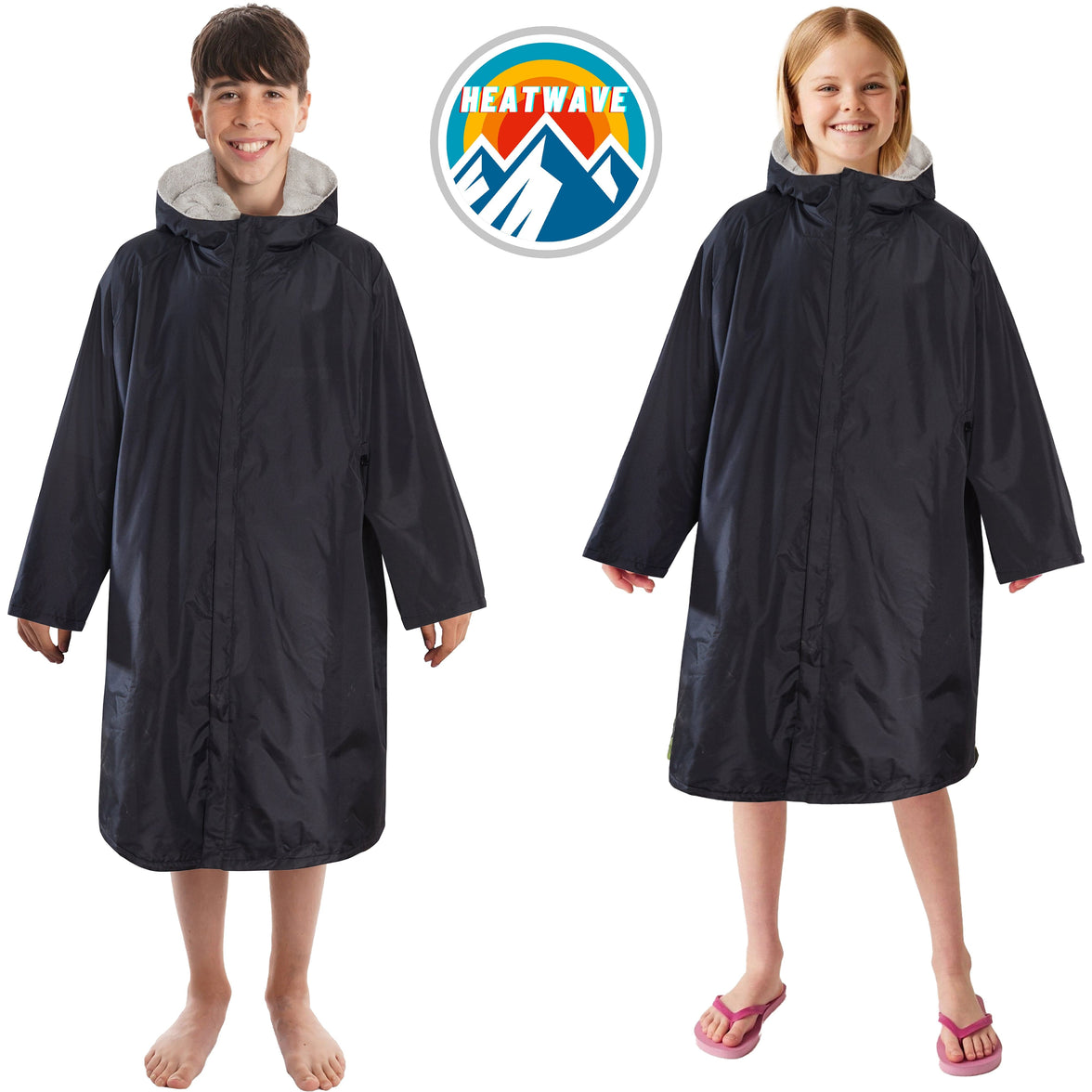 Changing Robe Kids Unisex Hooded Coat Black/Grey Windproof Waterproof Quick Dry for Beach Surfing Swimming by Heatwave Thermalwear 9-13 YEARS / BLACK/GREY Changing Robe