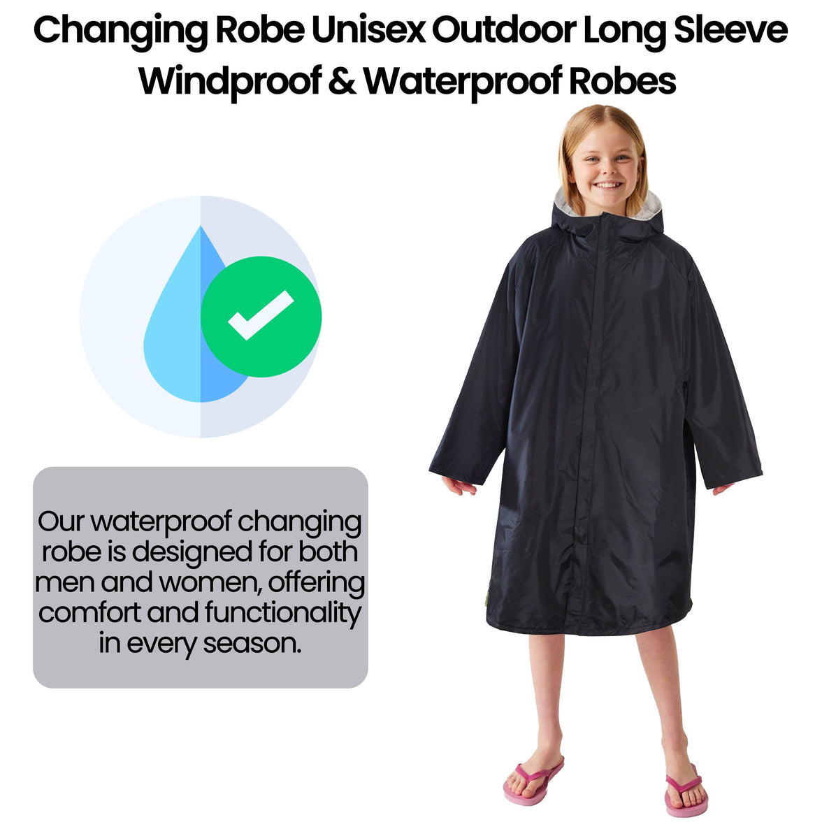 Changing Robe Kids Unisex Hooded Coat Black/Grey Windproof Waterproof Quick Dry for Beach Surfing Swimming by Heatwave Thermalwear 9-13 YEARS / BLACK/GREY Changing Robe