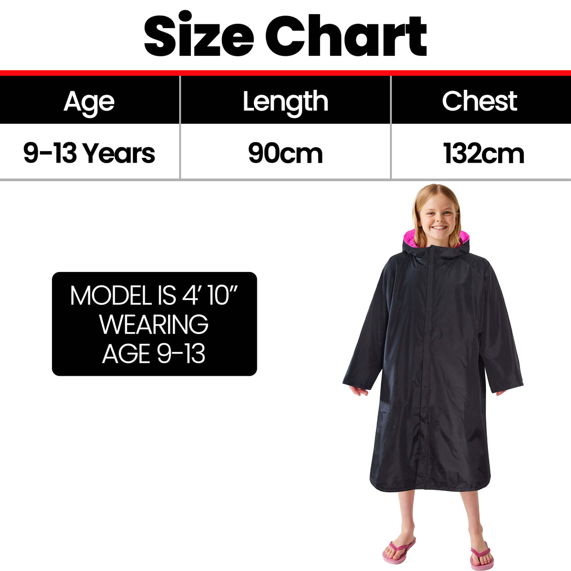 Changing Robe Kids Unisex Hooded Coat Black/Pink Windproof Waterproof Quick Dry for Beach Surfing Swimming by Heatwave Thermalwear 9-13 YEARS / BLACK/PINK Changing Robe