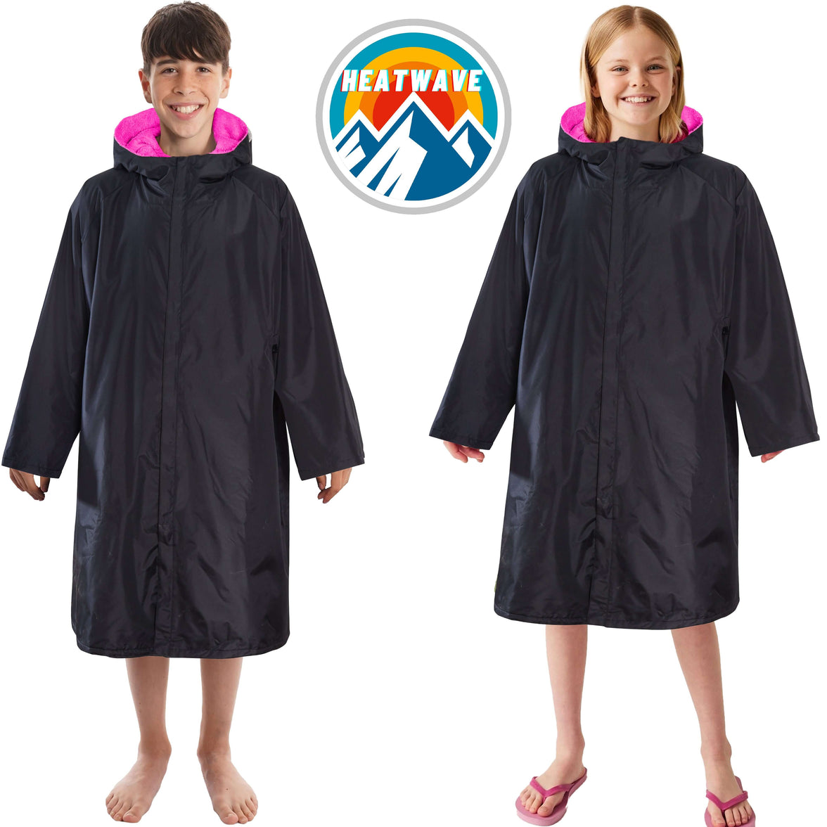 Changing Robe Kids Unisex Hooded Coat Black/Pink Windproof Waterproof Quick Dry for Beach Surfing Swimming by Heatwave Thermalwear 9-13 YEARS / BLACK/PINK Changing Robe