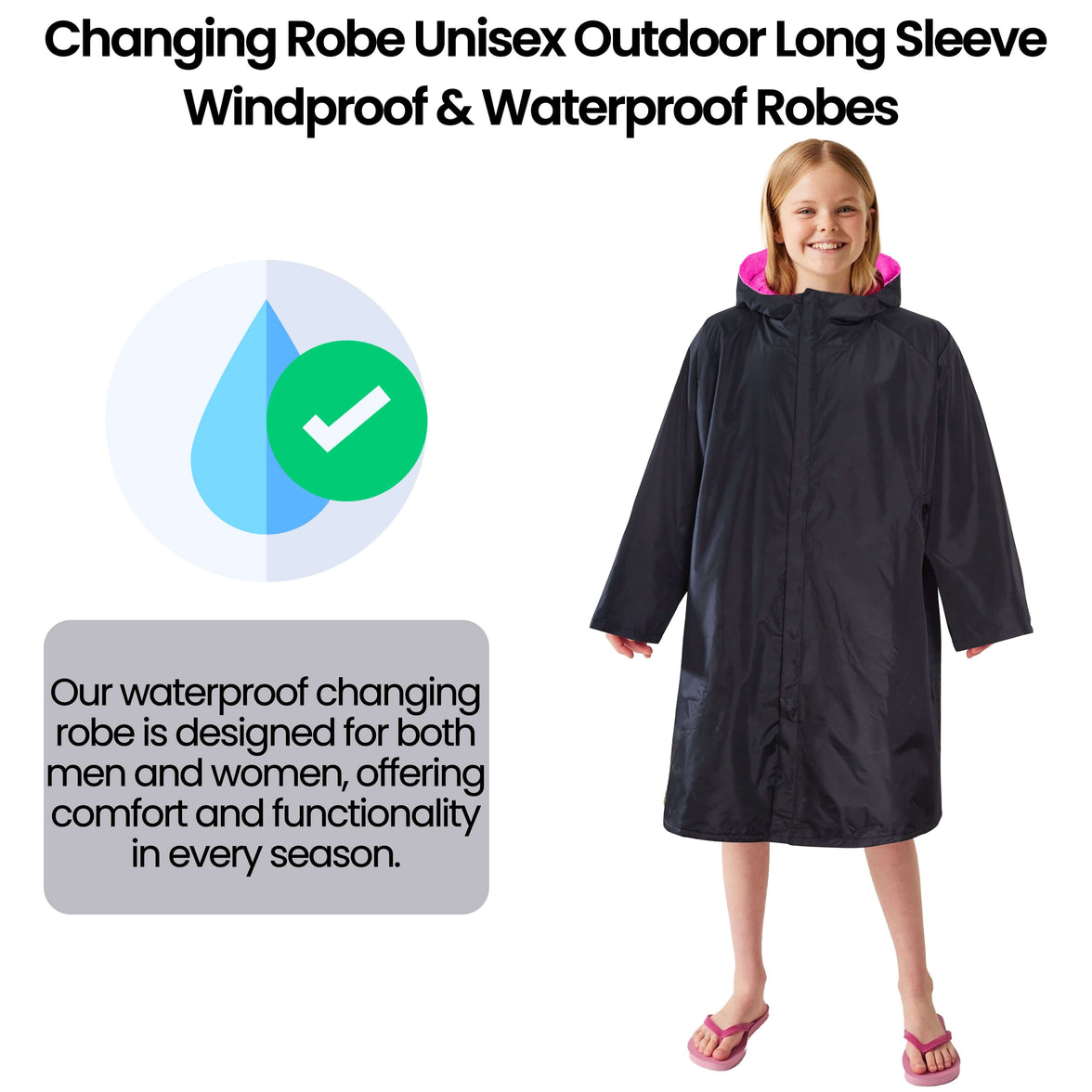 Changing Robe Kids Unisex Hooded Coat Black/Pink Windproof Waterproof Quick Dry for Beach Surfing Swimming by Heatwave Thermalwear 9-13 YEARS / BLACK/PINK Changing Robe