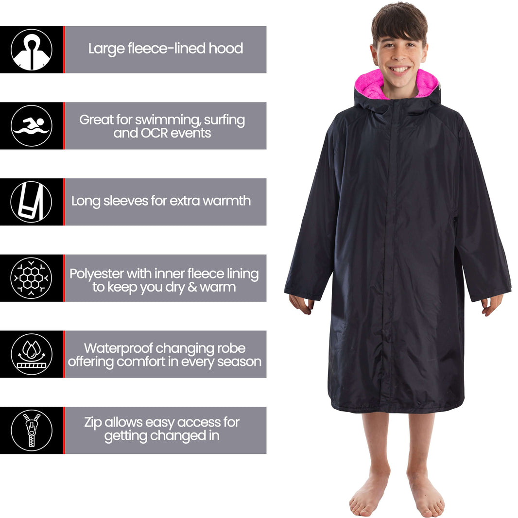 Changing Robe Kids Unisex Hooded Coat Black/Pink Windproof Waterproof Quick Dry for Beach Surfing Swimming by Heatwave Thermalwear 9-13 YEARS / BLACK/PINK Changing Robe