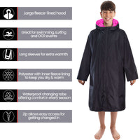 Changing Robe Kids Unisex Hooded Coat Black/Pink Windproof Waterproof Quick Dry for Beach Surfing Swimming by Heatwave Thermalwear 9-13 YEARS / BLACK/PINK Changing Robe