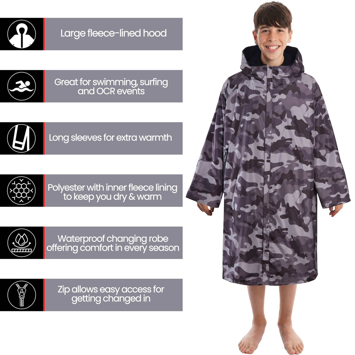 Changing Robe Kids Unisex Hooded Coat Camo/Black Windproof Waterproof Quick Dry for Beach Surfing Swimming by Heatwave Thermalwear 9-13 YEARS / CAMO/BLACK Changing Robe