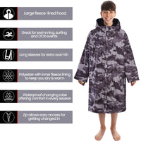 Changing Robe Kids Unisex Hooded Coat Camo/Black Windproof Waterproof Quick Dry for Beach Surfing Swimming by Heatwave Thermalwear 9-13 YEARS / CAMO/BLACK Changing Robe