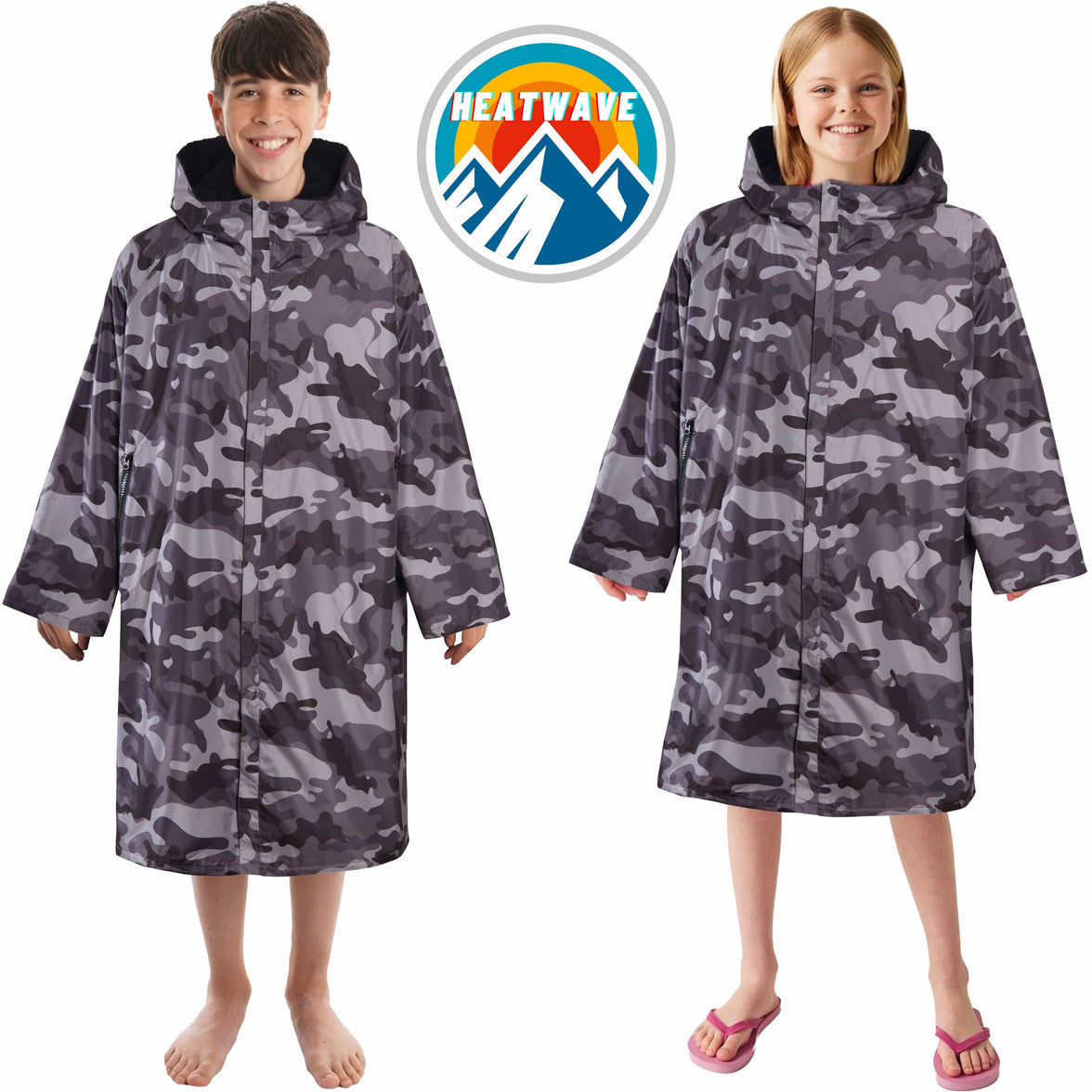 Changing Robe Kids Unisex Hooded Coat Camo/Black Windproof Waterproof Quick Dry for Beach Surfing Swimming by Heatwave Thermalwear 9-13 YEARS / CAMO/BLACK Changing Robe