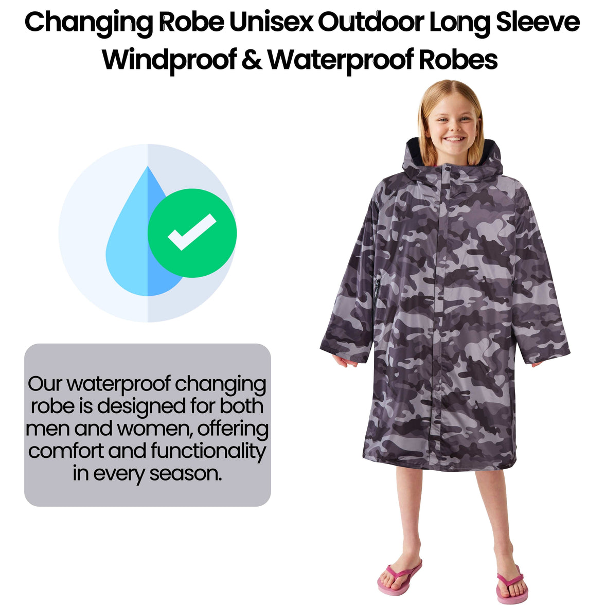 Changing Robe Kids Unisex Hooded Coat Camo/Black Windproof Waterproof Quick Dry for Beach Surfing Swimming by Heatwave Thermalwear 9-13 YEARS / CAMO/BLACK Changing Robe
