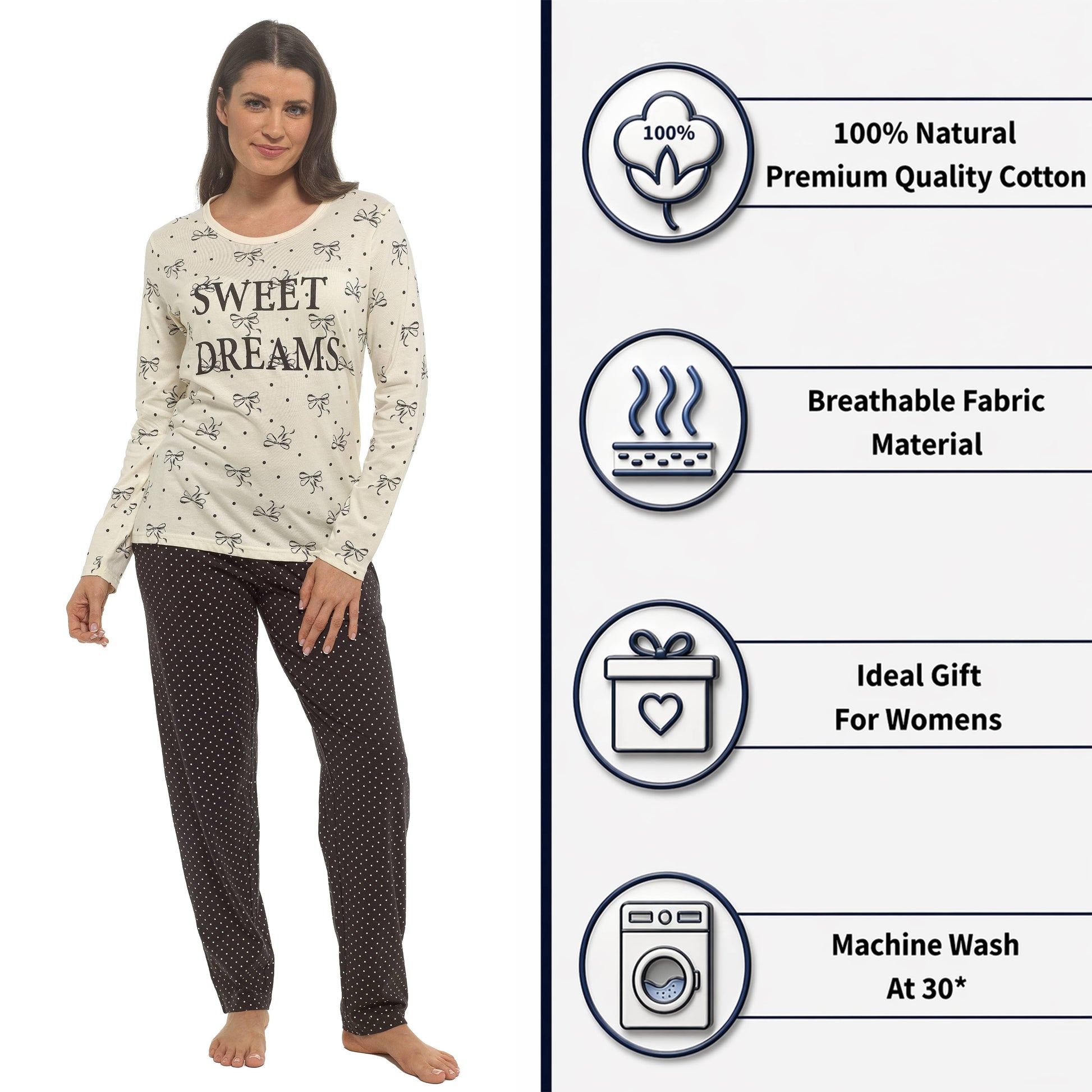 Daisy Dreamer Bows Print Pyjama Set 100% Cotton Women's Long Sleeve Top And Elasticated Pants For Sleeping And Lounging Sizes S M L XL Pyjamas