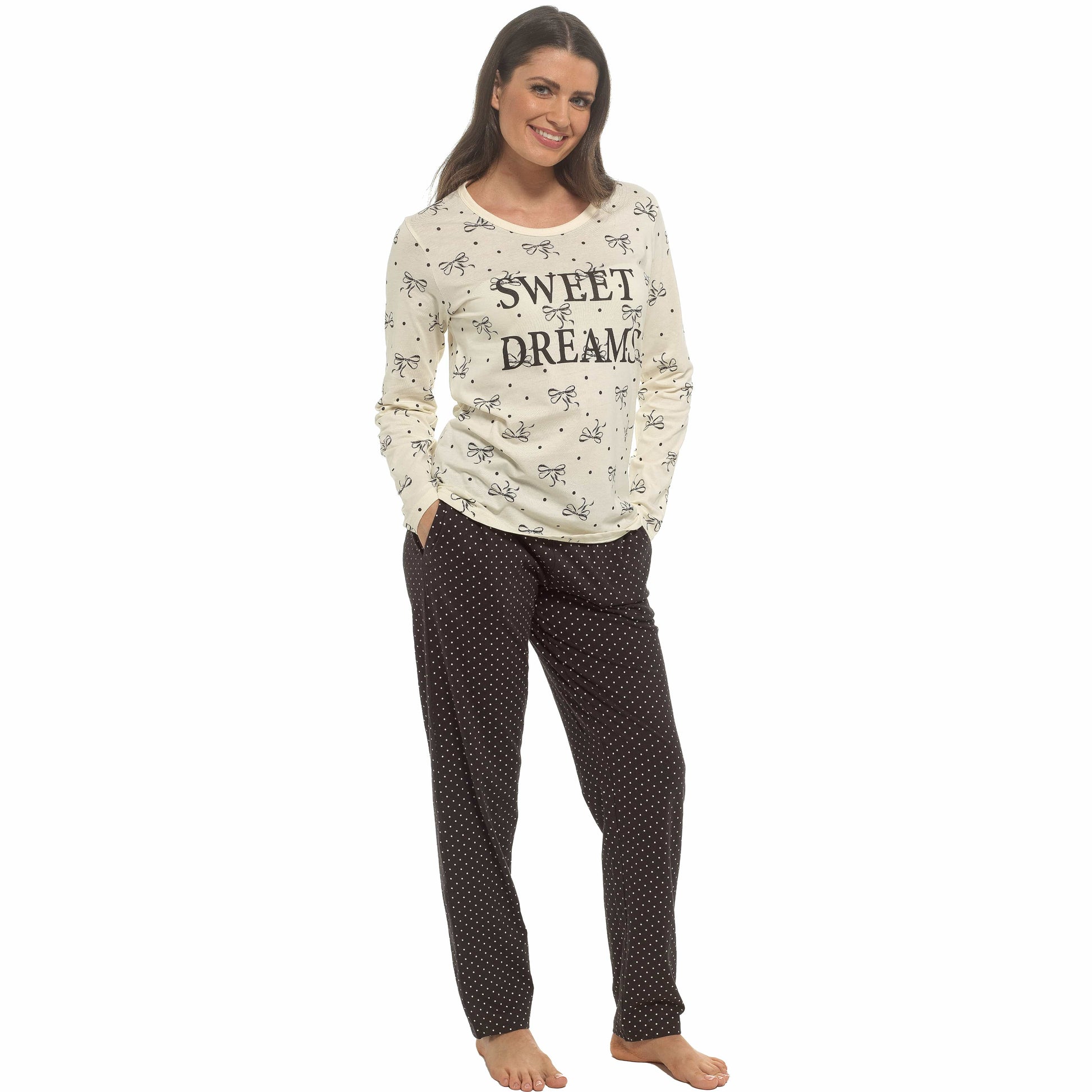 Daisy Dreamer Bows Print Pyjama Set 100% Cotton Women's Long Sleeve Top And Elasticated Pants For Sleeping And Lounging Sizes S M L XL Pyjamas