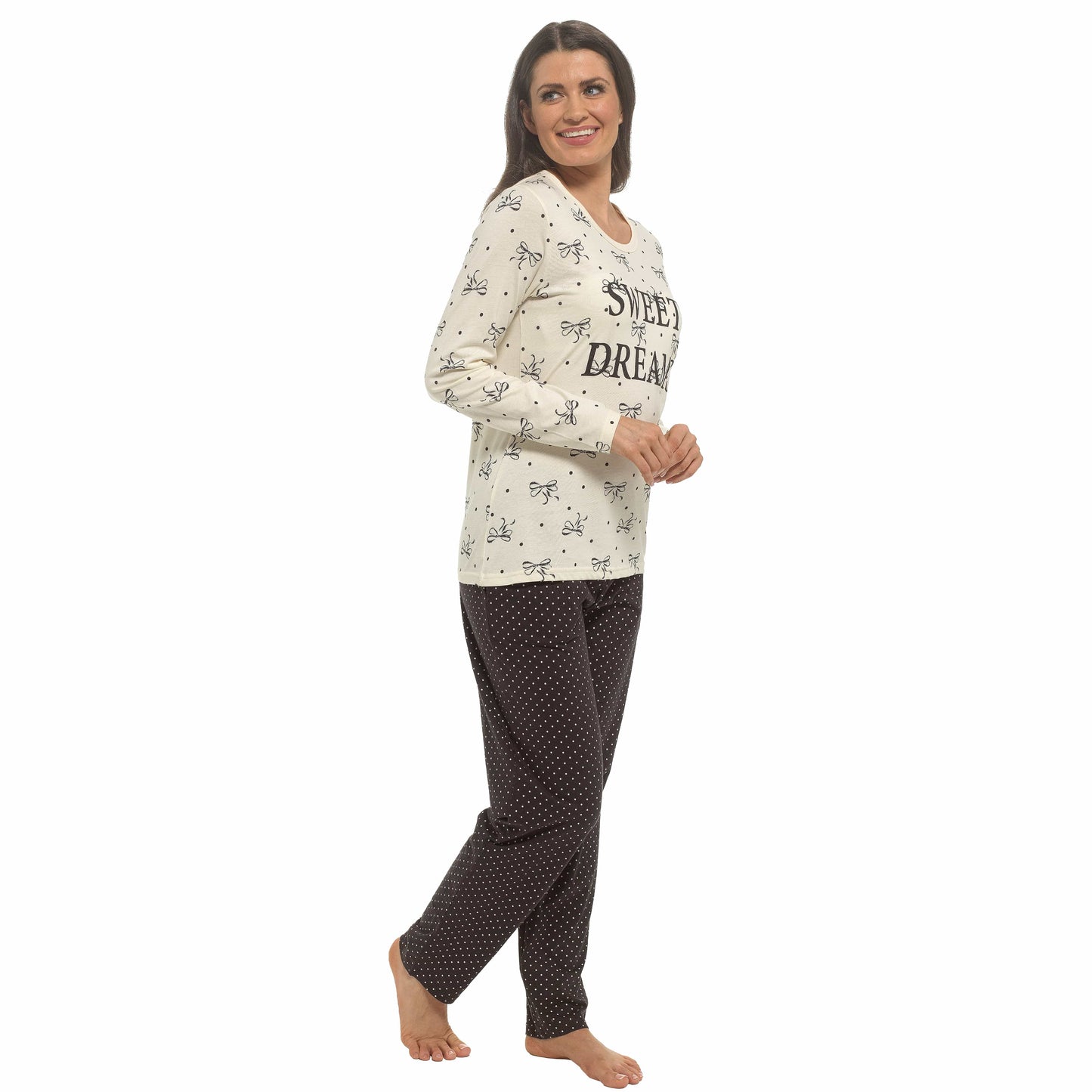 Daisy Dreamer Bows Print Pyjama Set 100% Cotton Women's Long Sleeve Top And Elasticated Pants For Sleeping And Lounging Sizes S M L XL Pyjamas