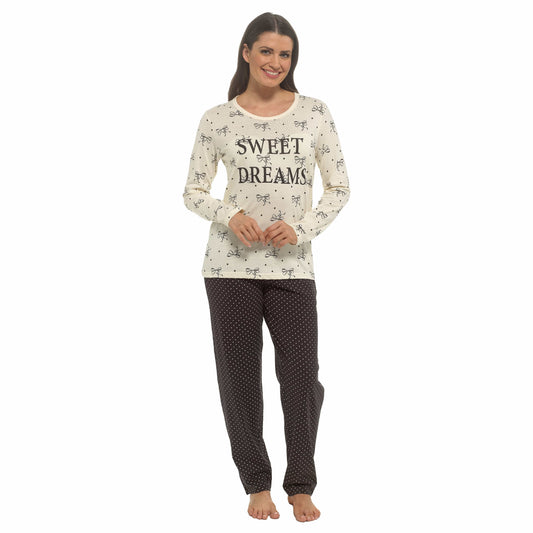 Daisy Dreamer Bows Print Pyjama Set 100% Cotton Women's Long Sleeve Top And Elasticated Pants For Sleeping And Lounging Sizes S M L XL SMALL | UK 8-10 Pyjamas