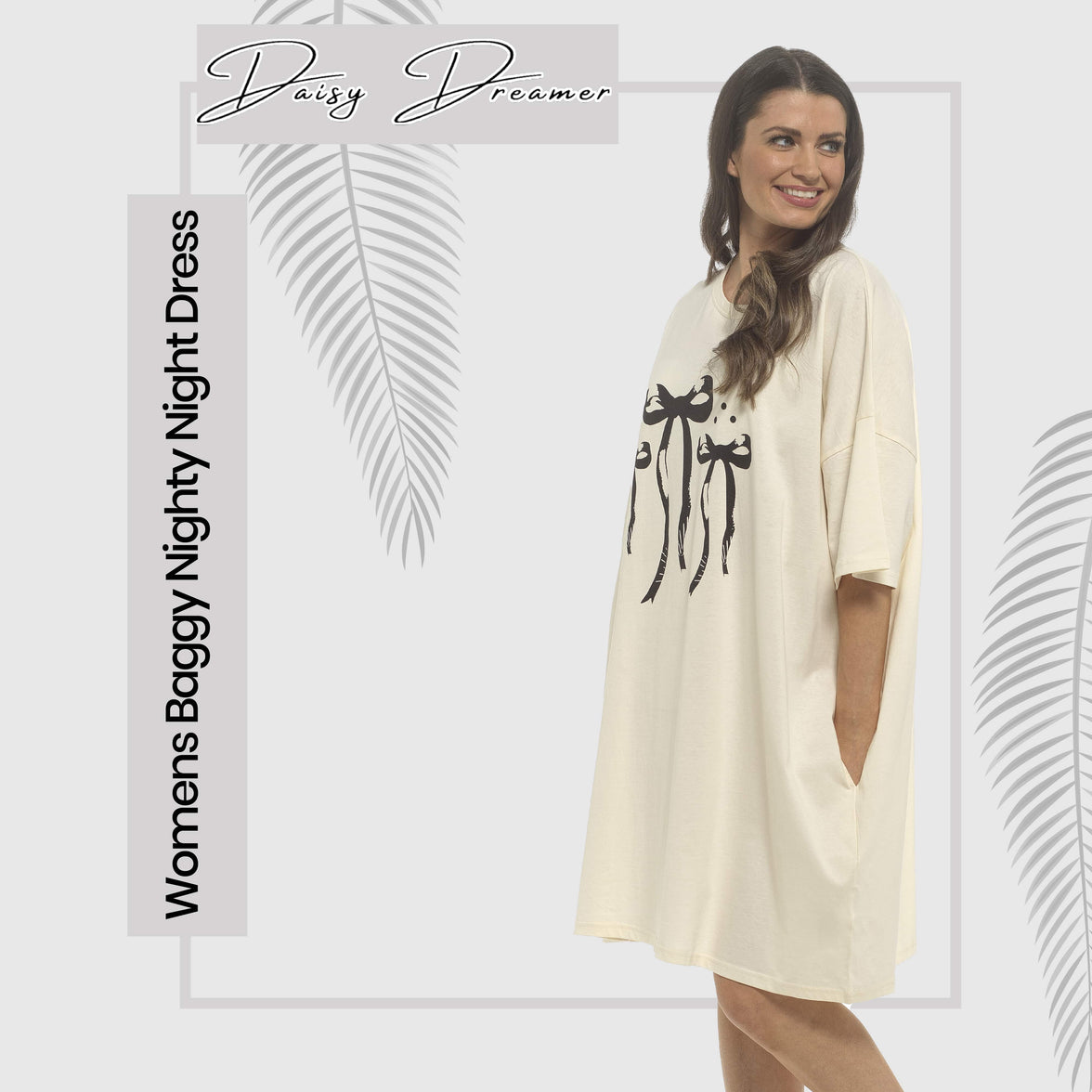 Daisy Dreamer Women Bows Print Nighty Dress Baggy Oversized 100% Cotton Short Sleeved Nightshirt Relaxed Fit Loungewear BOWS Night Dress