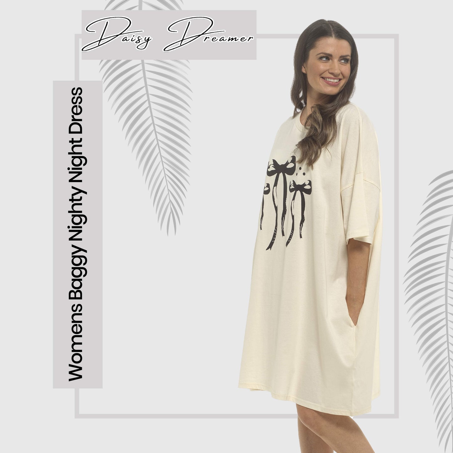 Daisy Dreamer Women Bows Print Nighty Dress Baggy Oversized 100% Cotton Short Sleeved Nightshirt Relaxed Fit Loungewear BOWS Night Dress
